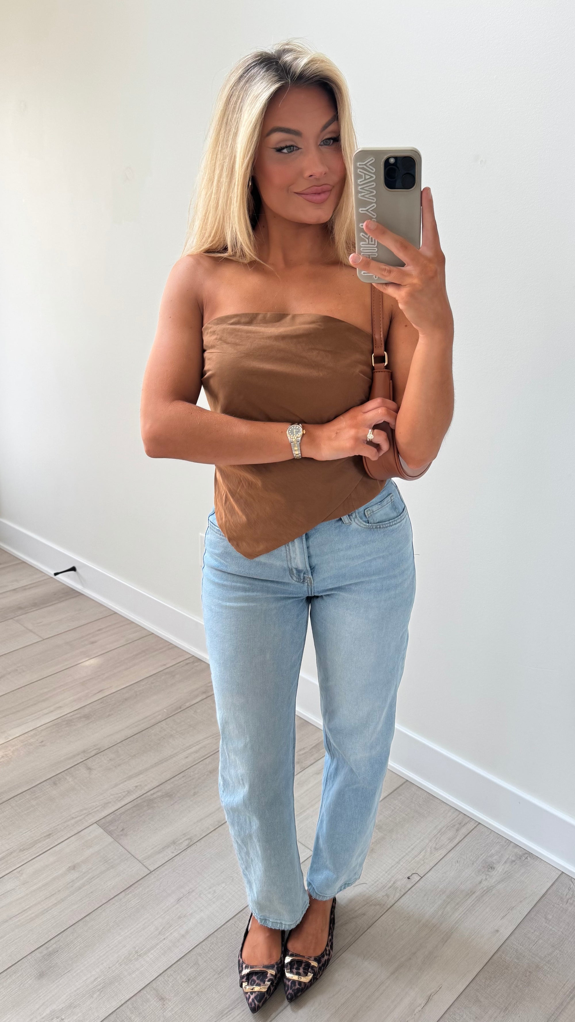 BROWN RUCHED STRAPLESS TOP