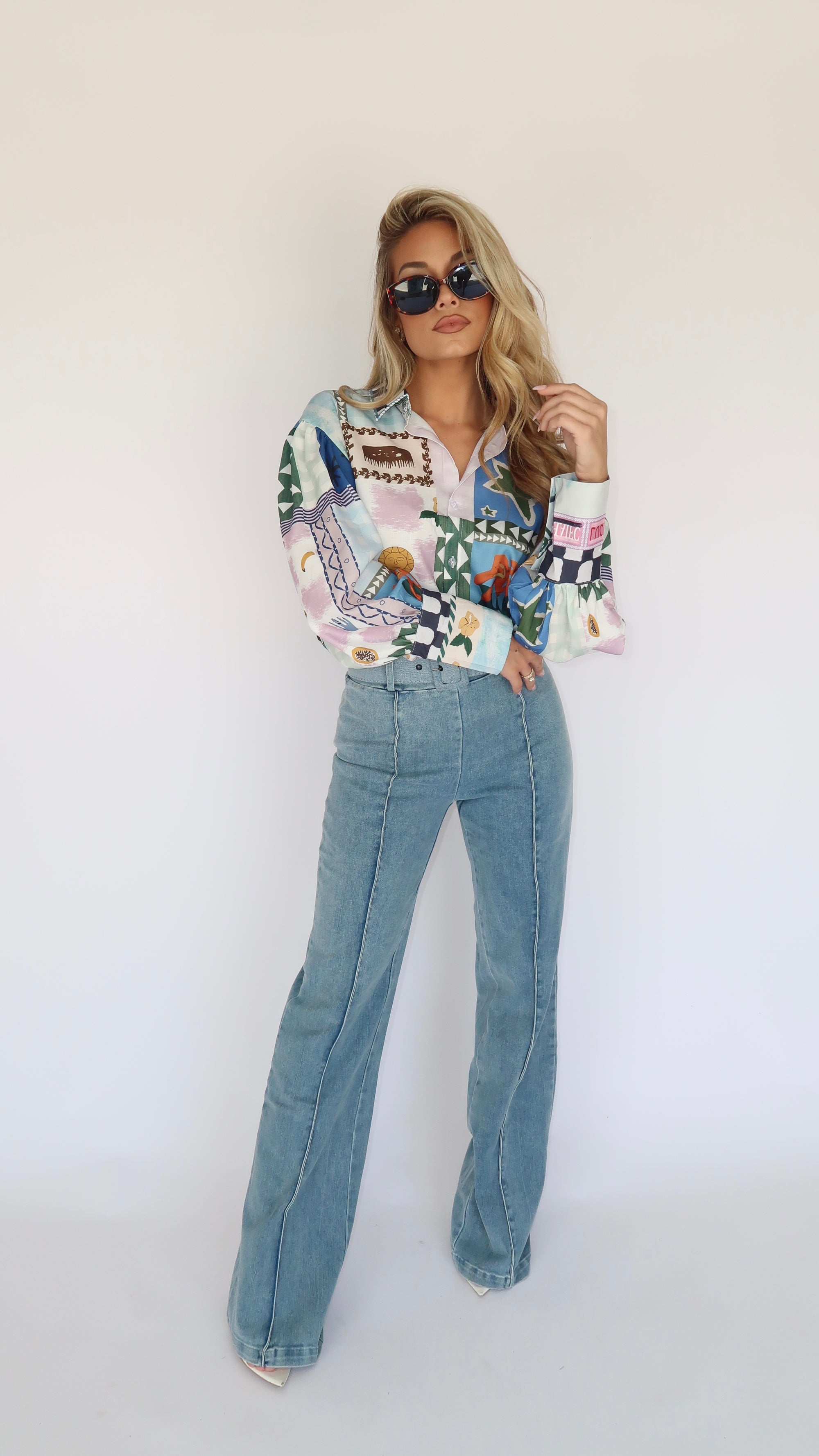 HIGH WAIST BELTED DENIM STRETCH PANTS