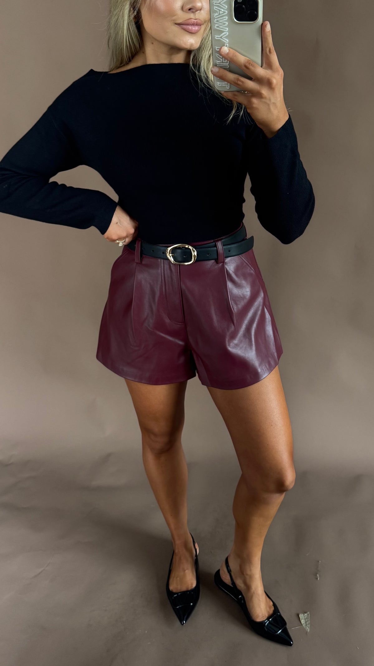 MCRAE HIGH WAISTED FLARED LEATHER SHORTS BURGUNDY
