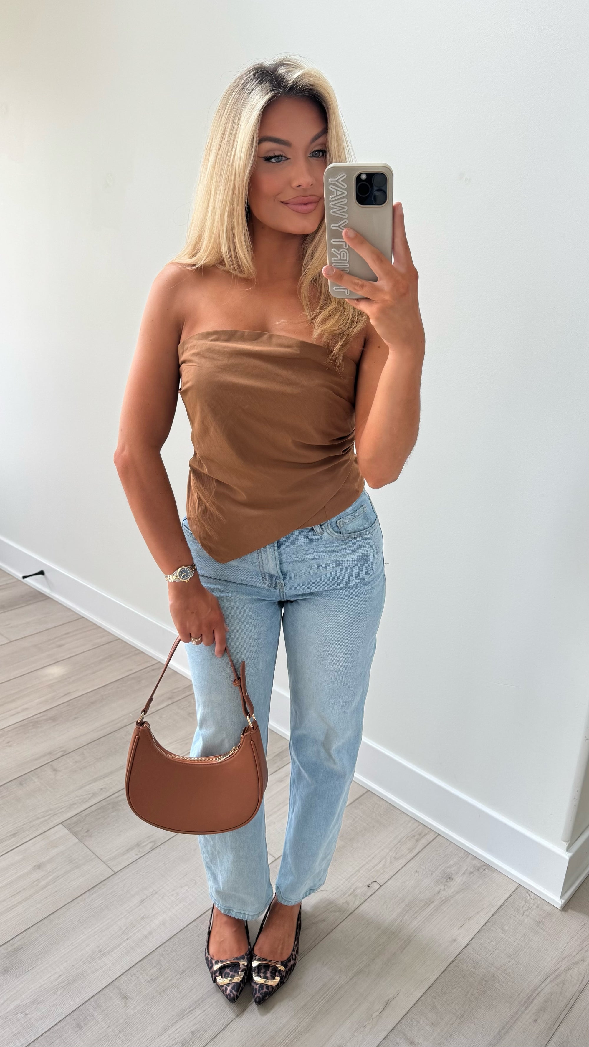 BROWN RUCHED STRAPLESS TOP