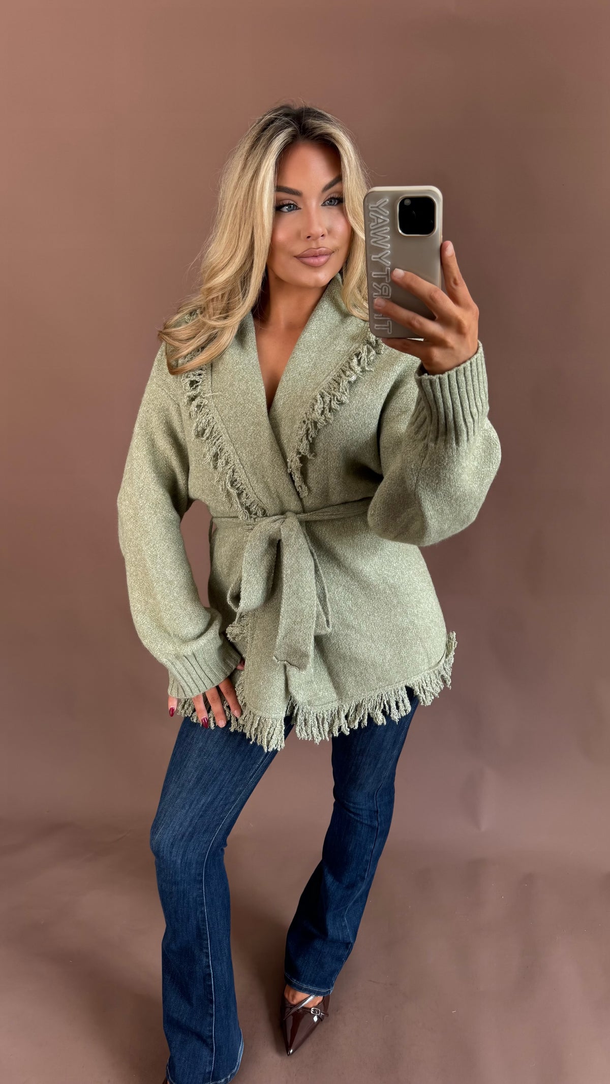 BAREFOOT FRINGE CARDIGAN SAGE