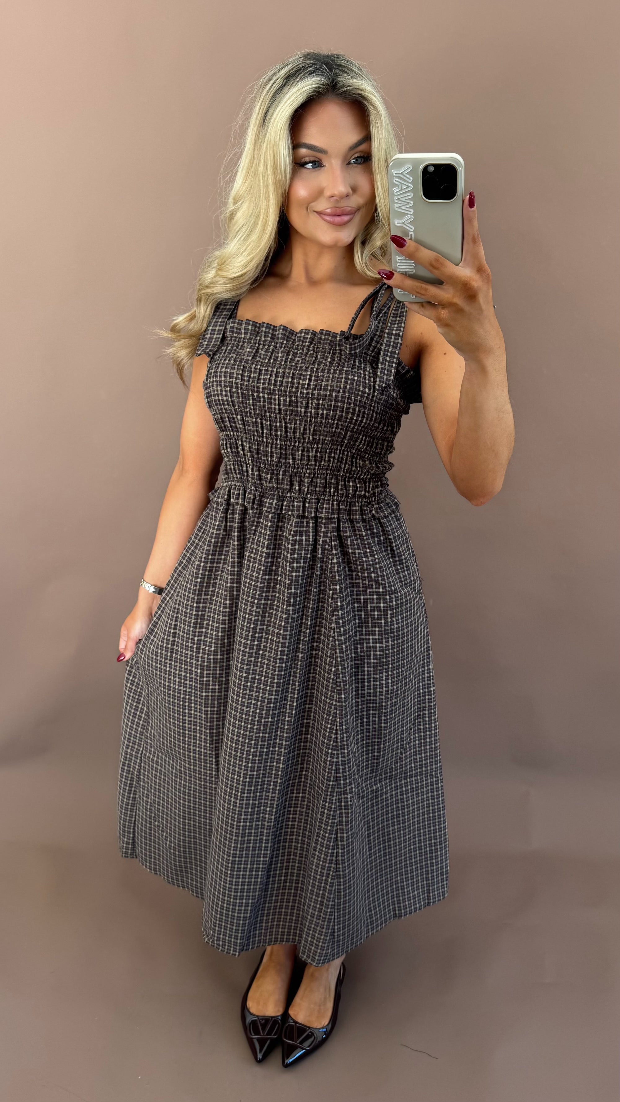 HICKORY PLAID MIDI DRESS BROWN