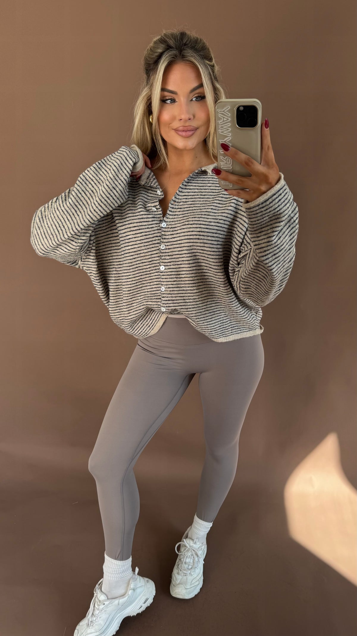 EAST COAST CARDIGAN TAUPE/NAVY STRIPE