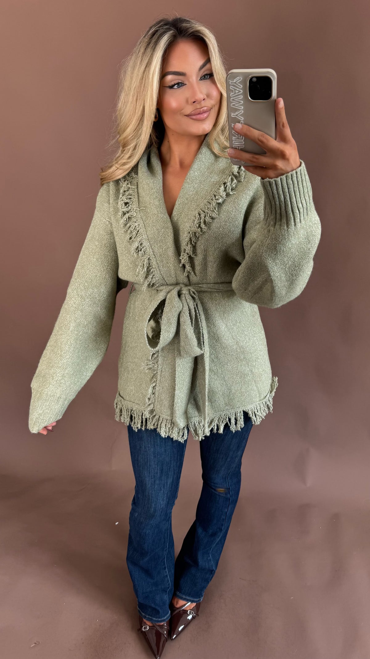 BAREFOOT FRINGE CARDIGAN SAGE