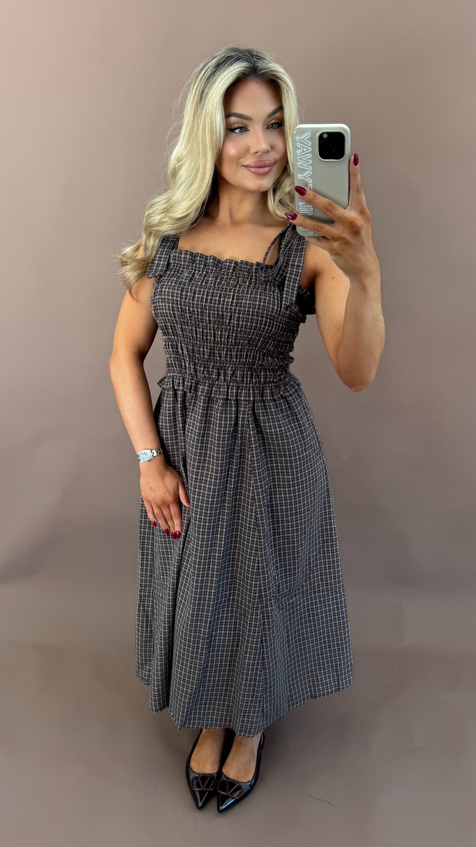 HICKORY PLAID MIDI DRESS BROWN
