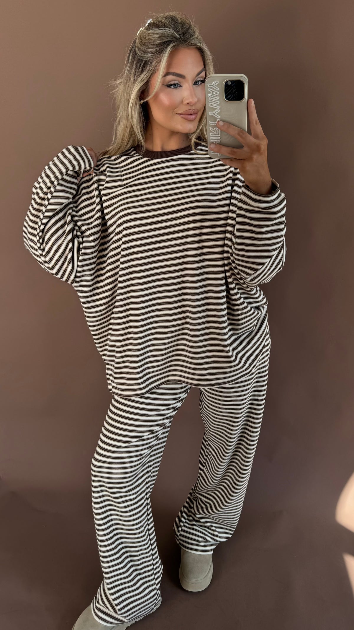 CABIN FEVER OVERSIZED FLEECE TOP MULTI BROWN STRIPE