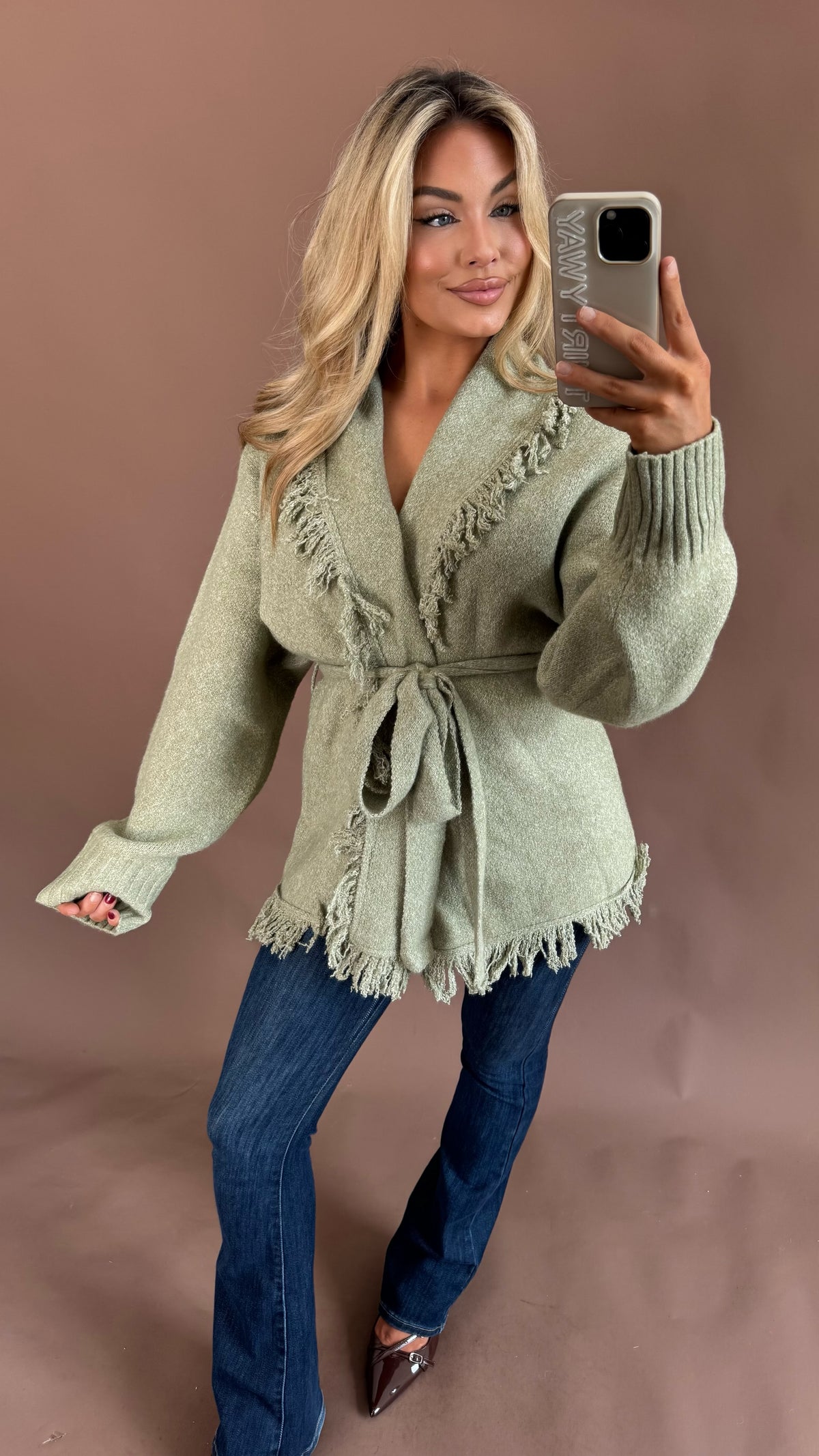 BAREFOOT FRINGE CARDIGAN SAGE