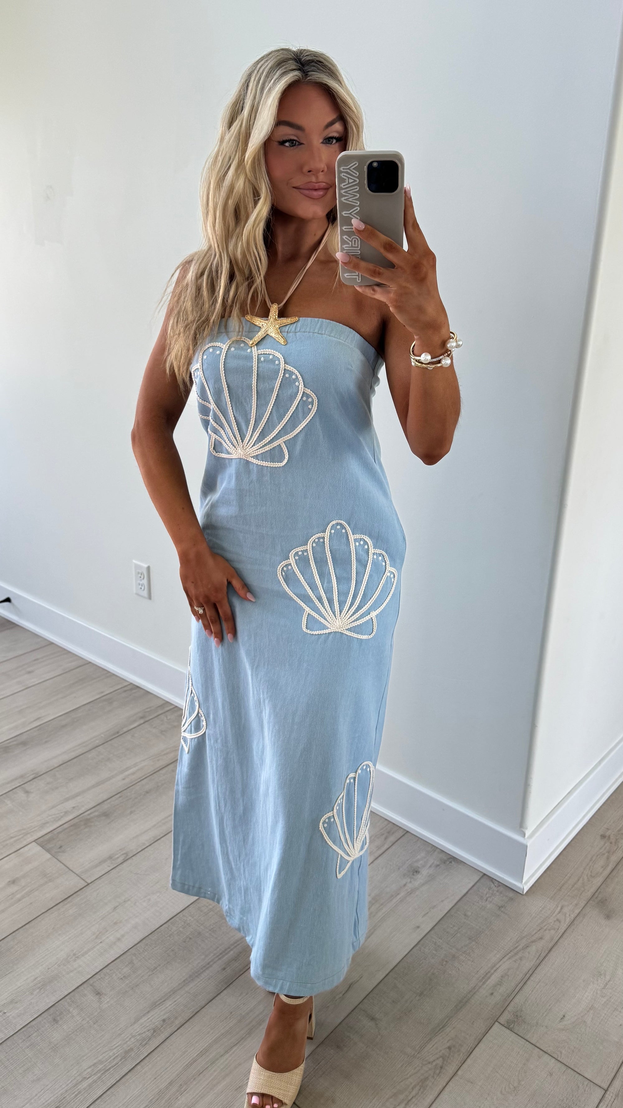 WATERSOUND SHELL EMBROIDERED DENIM MAXI DRESS