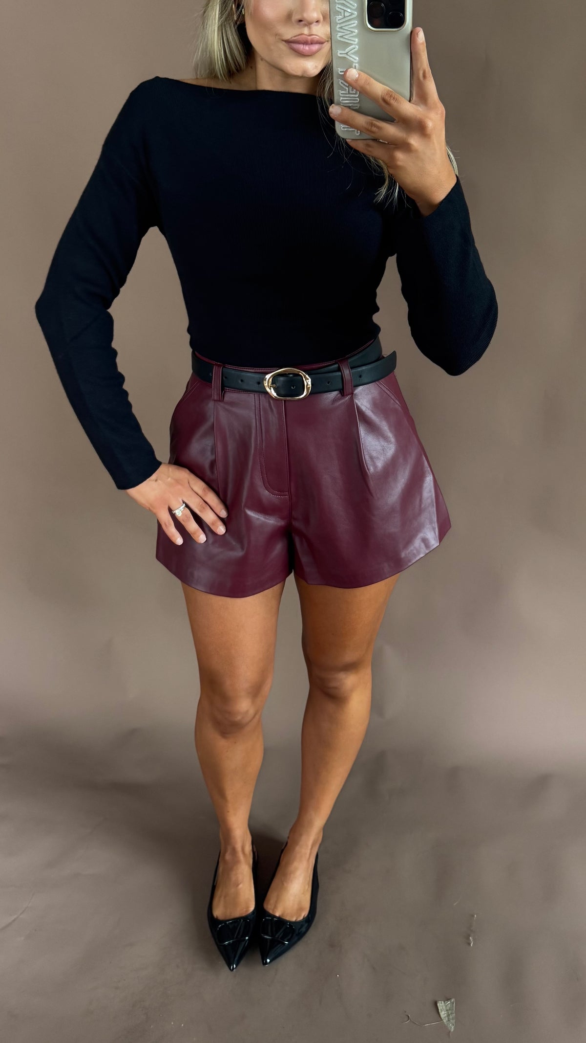 MCRAE HIGH WAISTED FLARED LEATHER SHORTS BURGUNDY