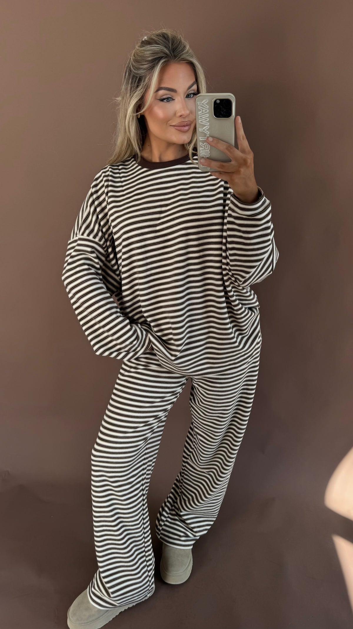 CABIN FEVER OVERSIZED FLEECE TOP MULTI BROWN STRIPE