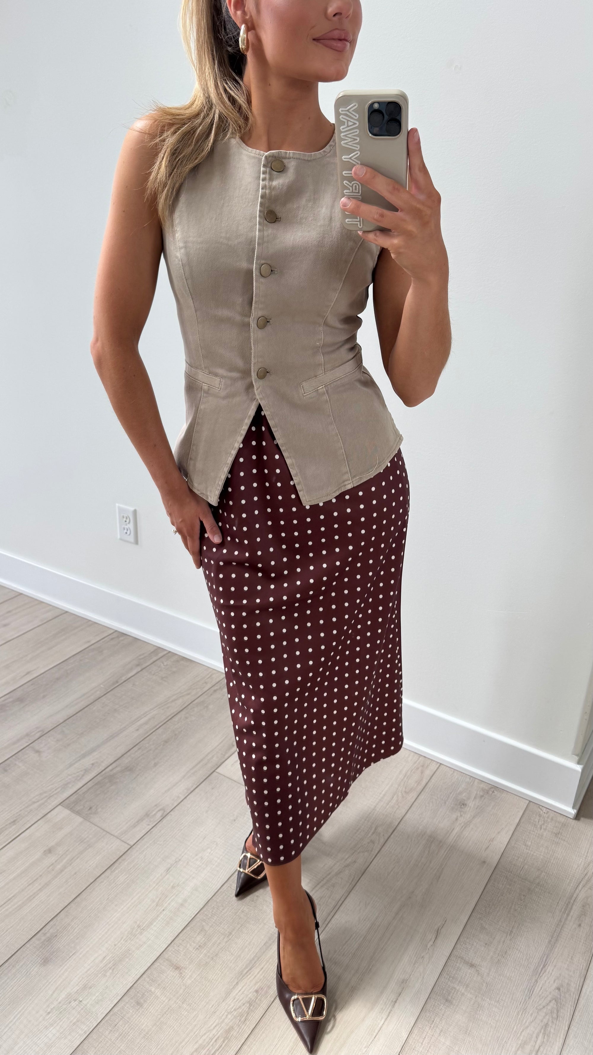 BROWN POLKA DOT MIDI SKIRT