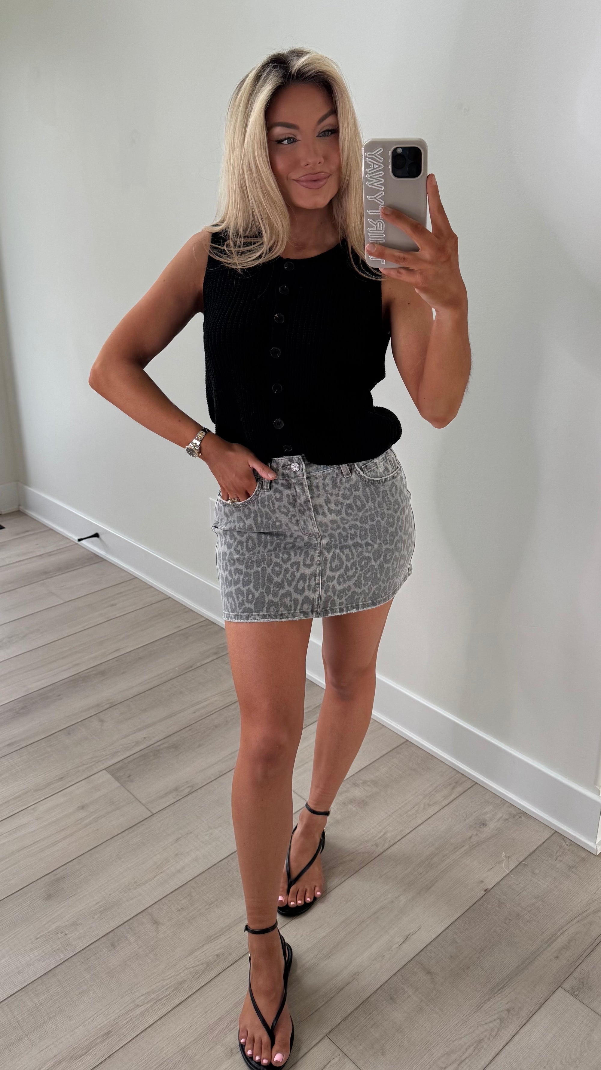 VINTAGE WASH LEOPARD DENIM MINI SKIRT