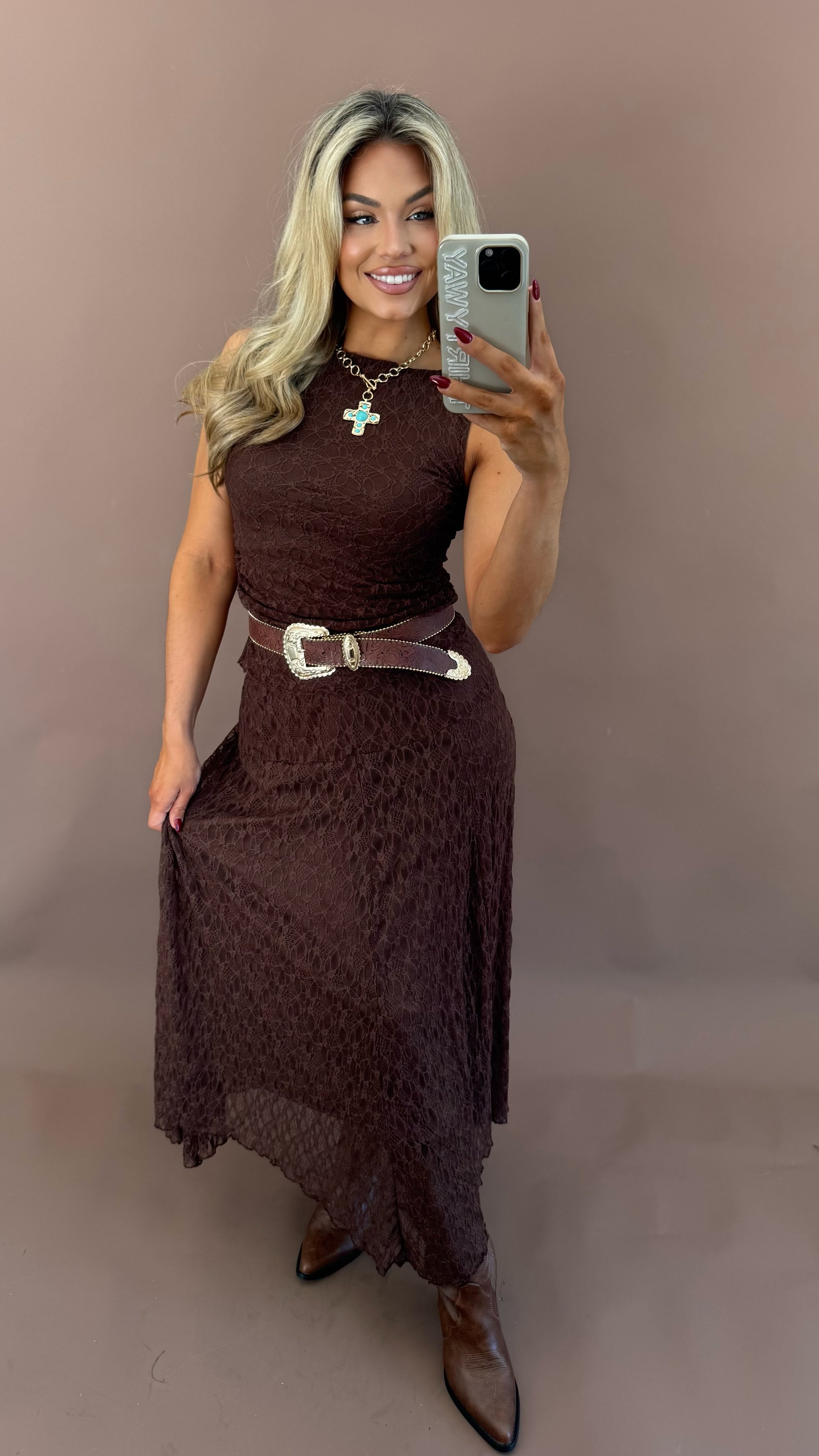 LACE MAXI SKIRT BROWN