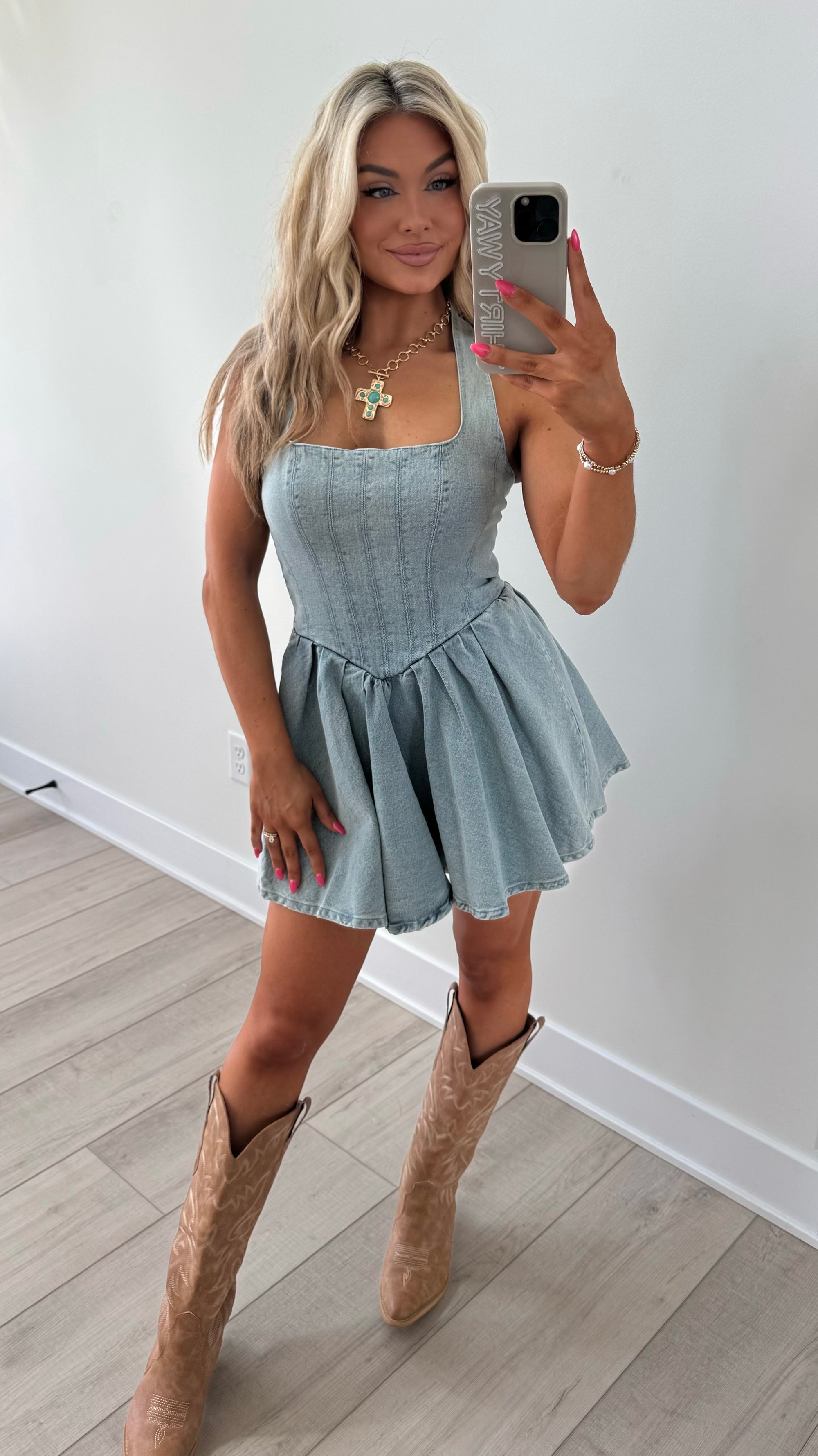BLUE SPUR HALTER DENIM DRESS