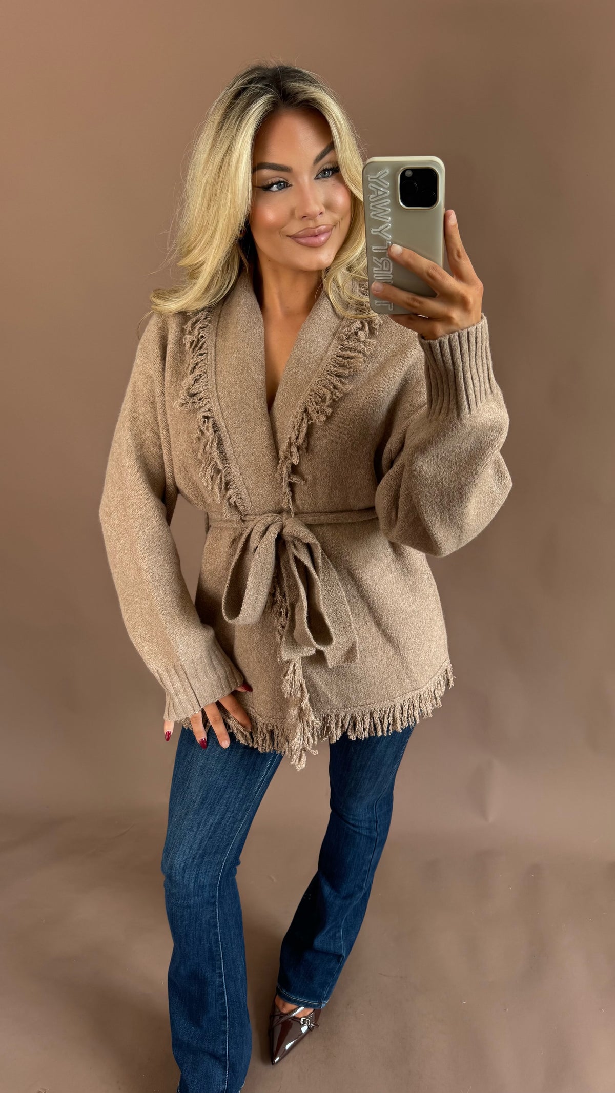 BAREFOOT FRINGE CARDIGAN MOCHA