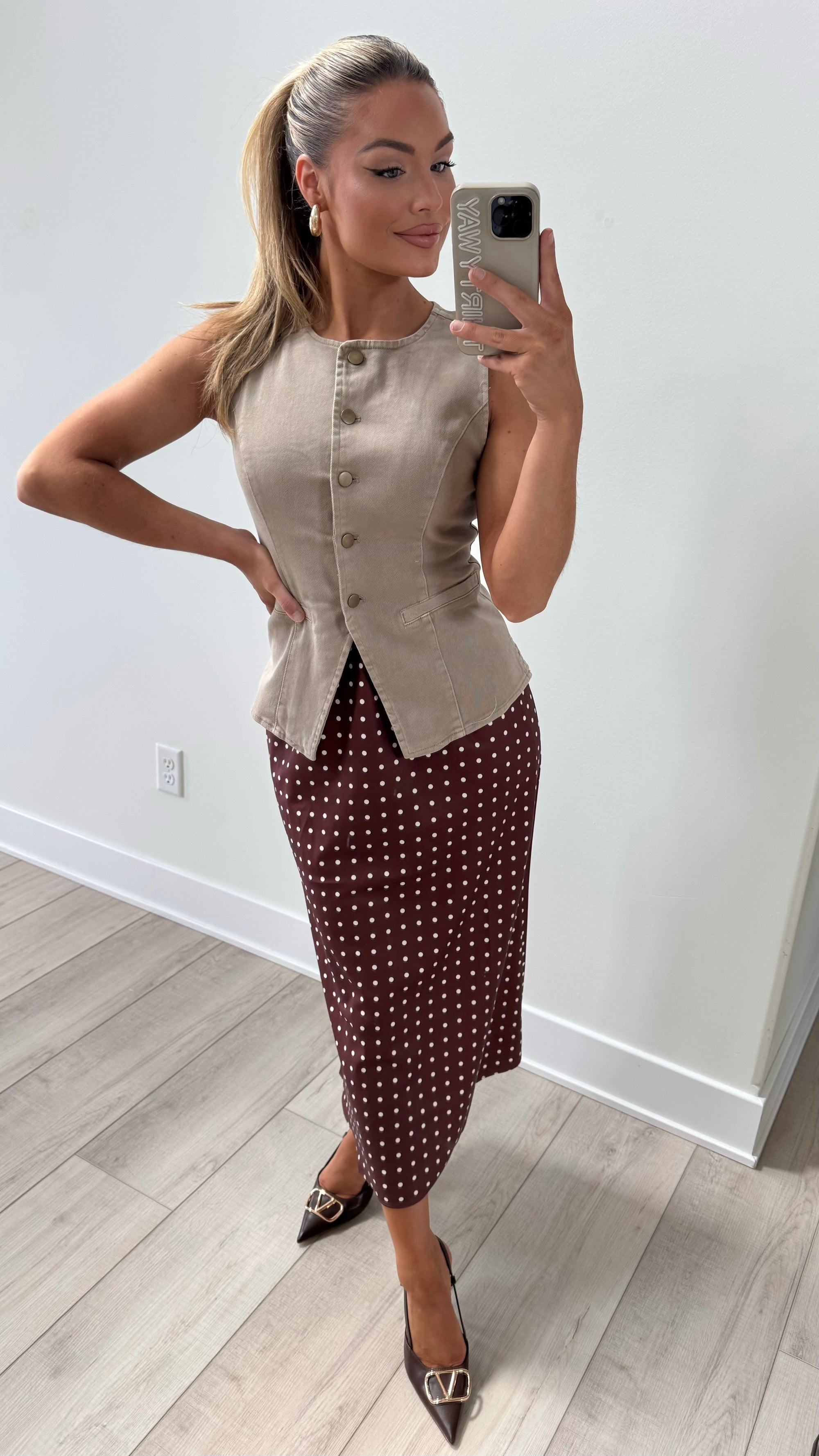 BROWN POLKA DOT MIDI SKIRT