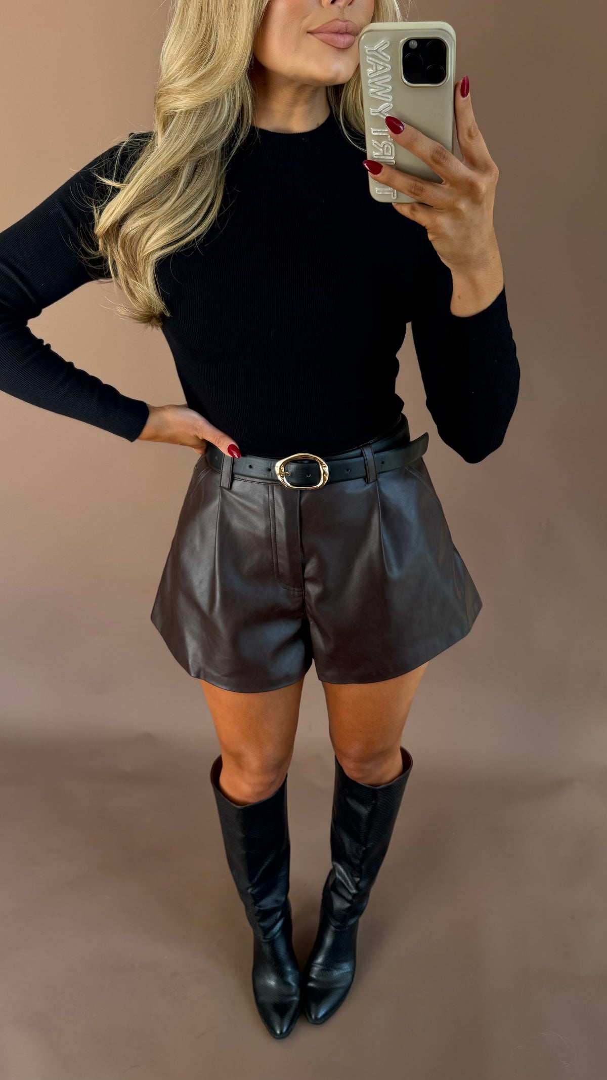 MCRAE HIGH WAISTED FLARED LEATHER SHORTS OAK