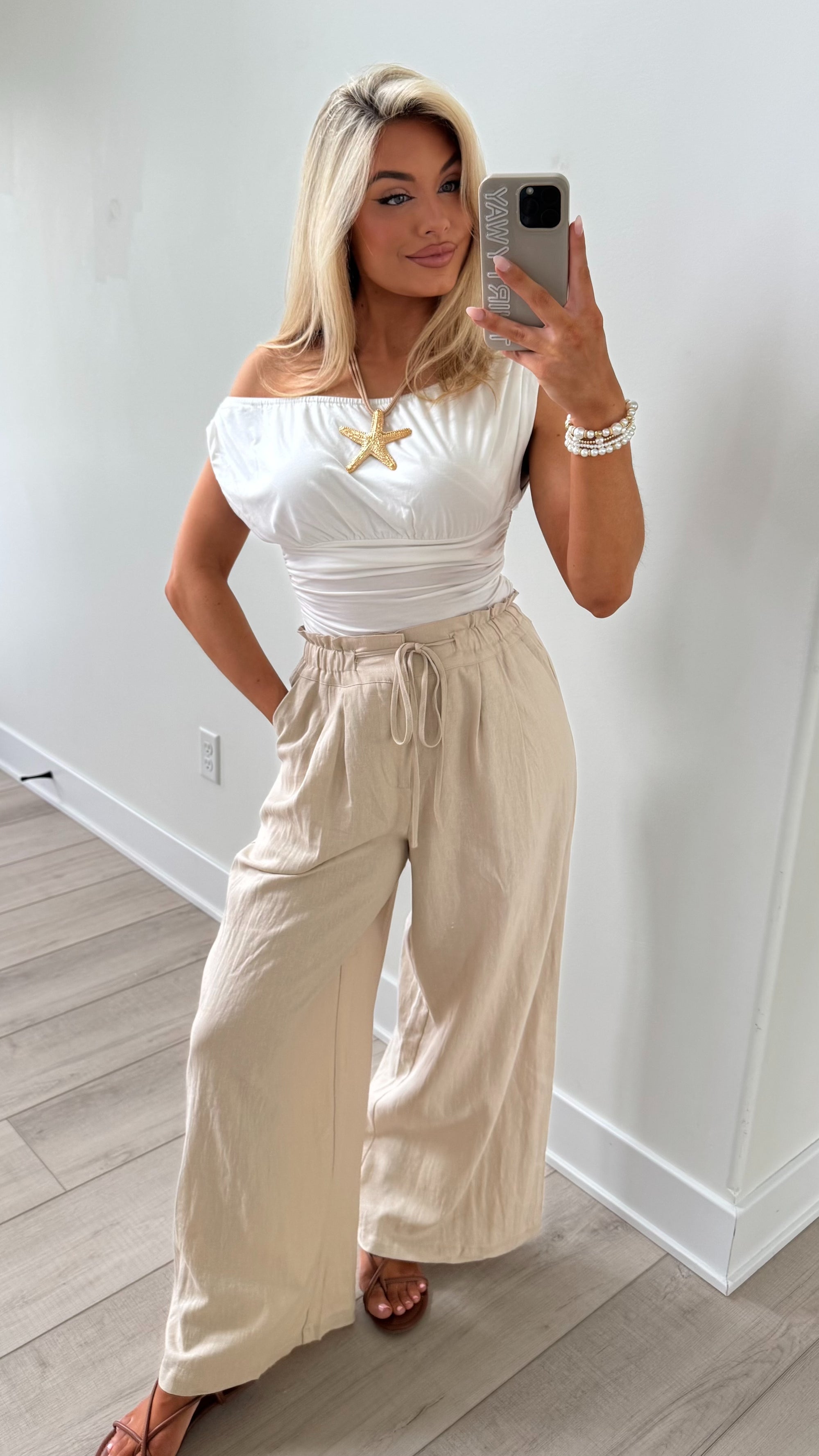 HIGH-WAISTED WIDE LEG WOVEN PANTS TAN