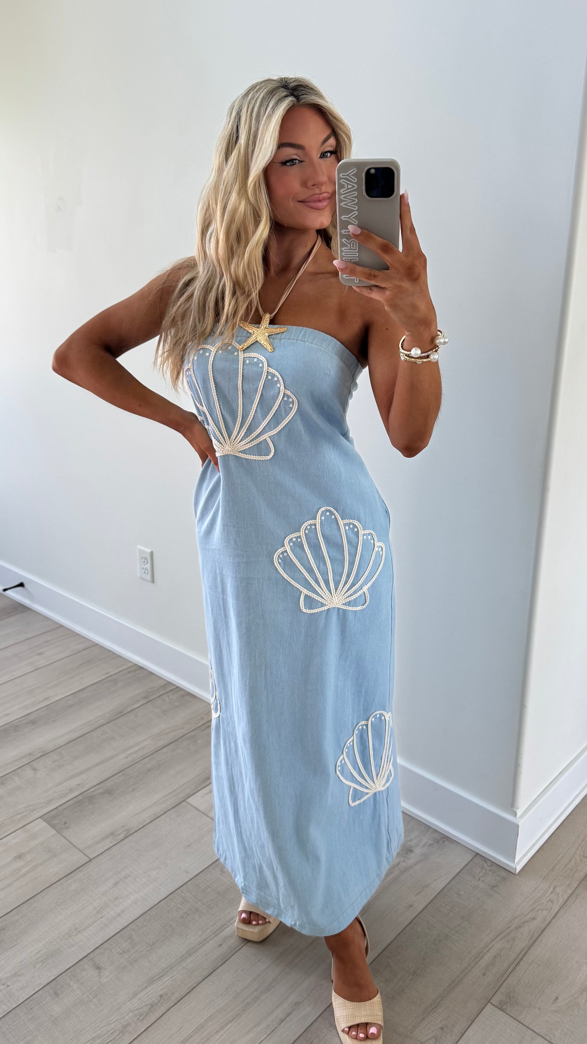 WATERSOUND SHELL EMBROIDERED DENIM MAXI DRESS