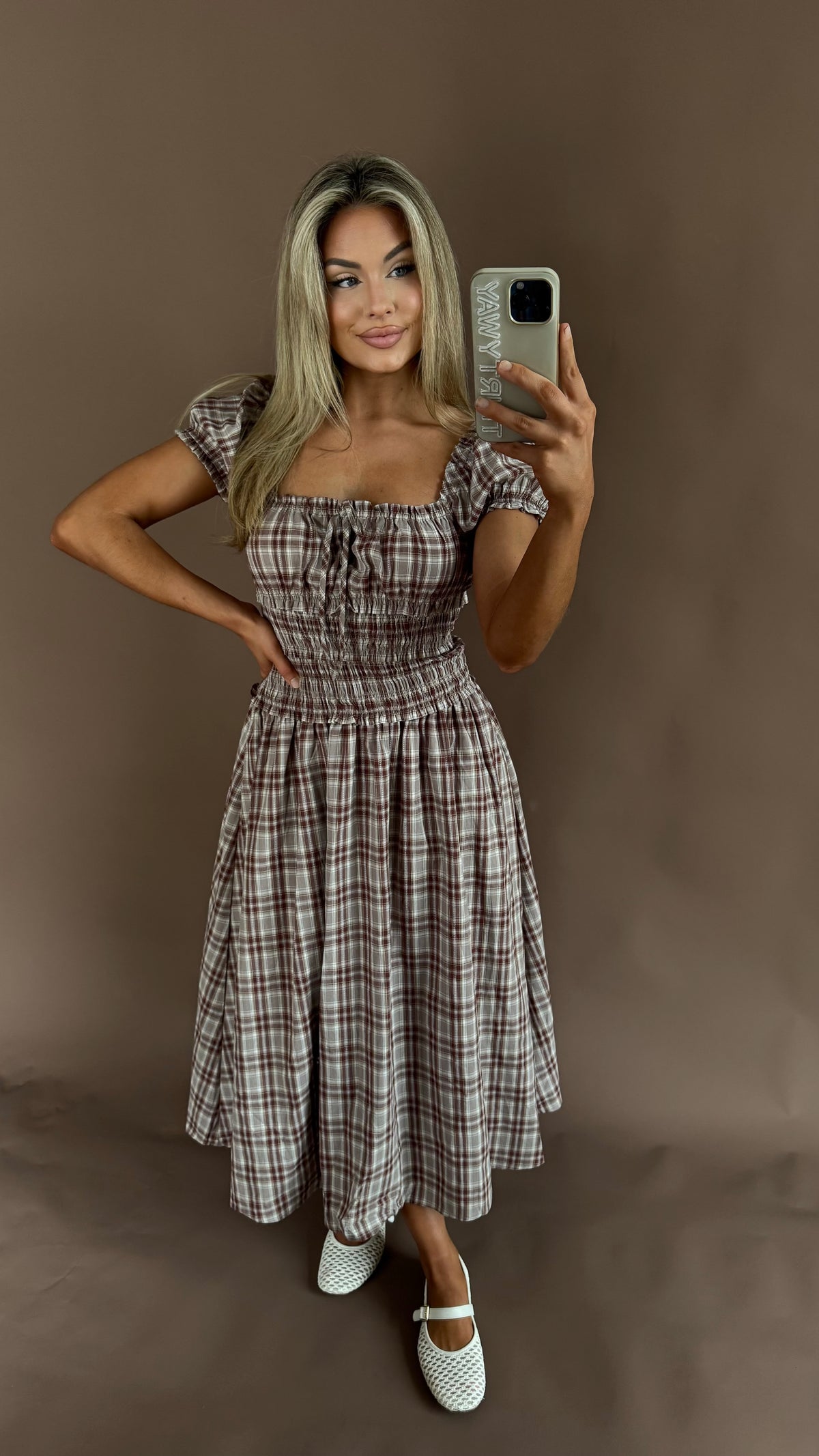 BERRY PLAID SMOCKED MAXI DRESS