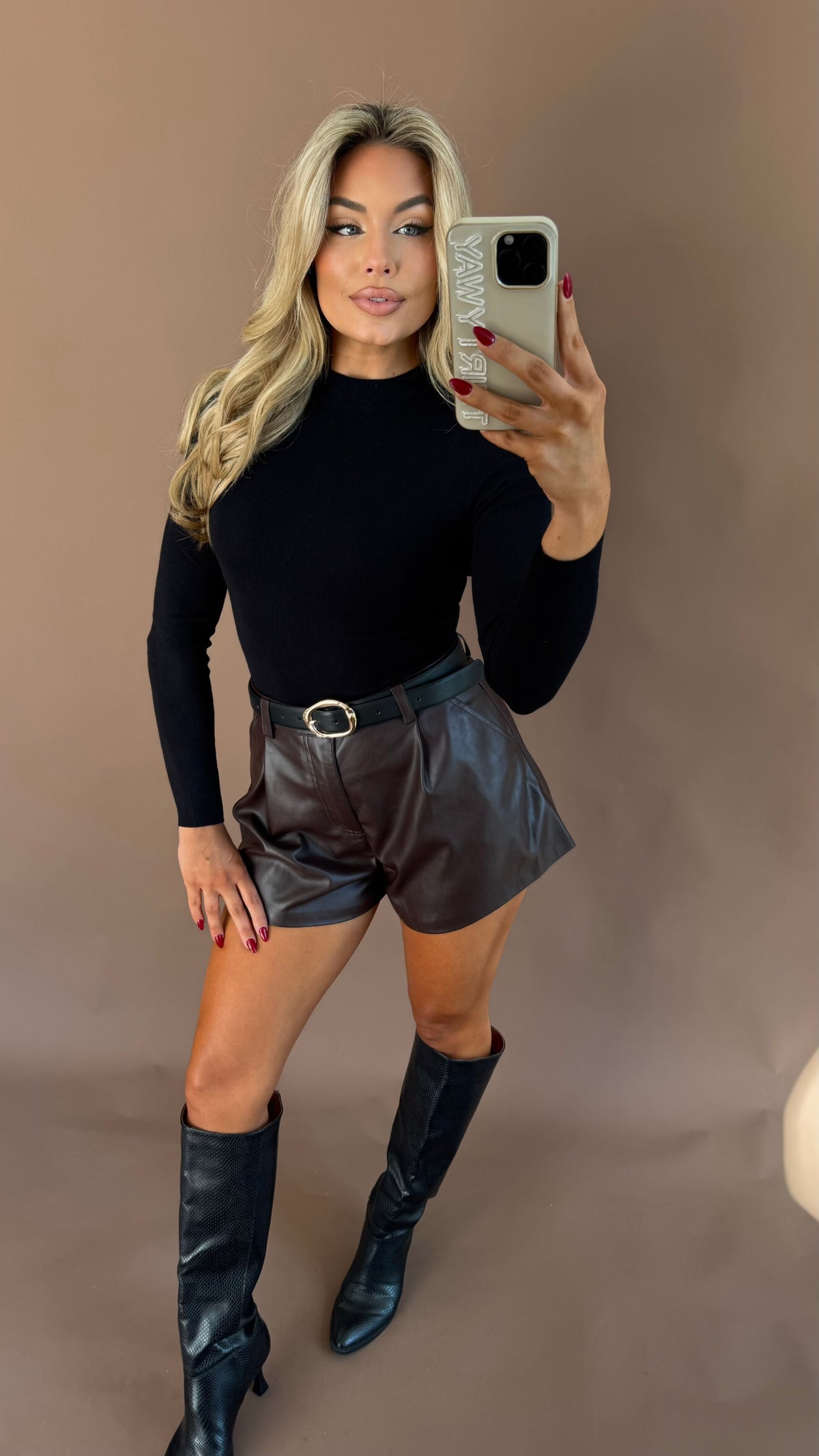 MCRAE HIGH WAISTED FLARED LEATHER SHORTS OAK
