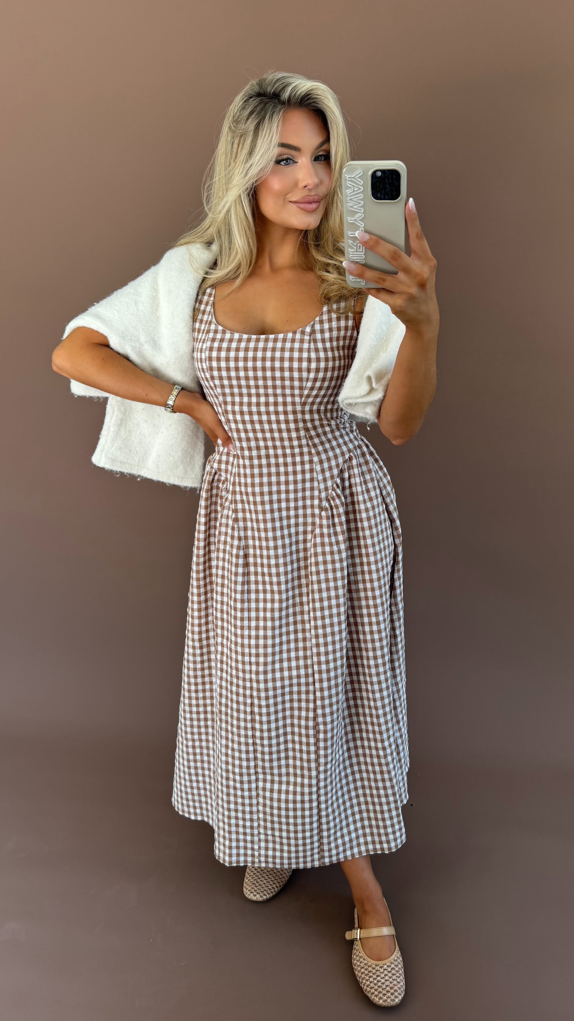 BASSET GINGHAM DROP WAIST MIDI DRESS