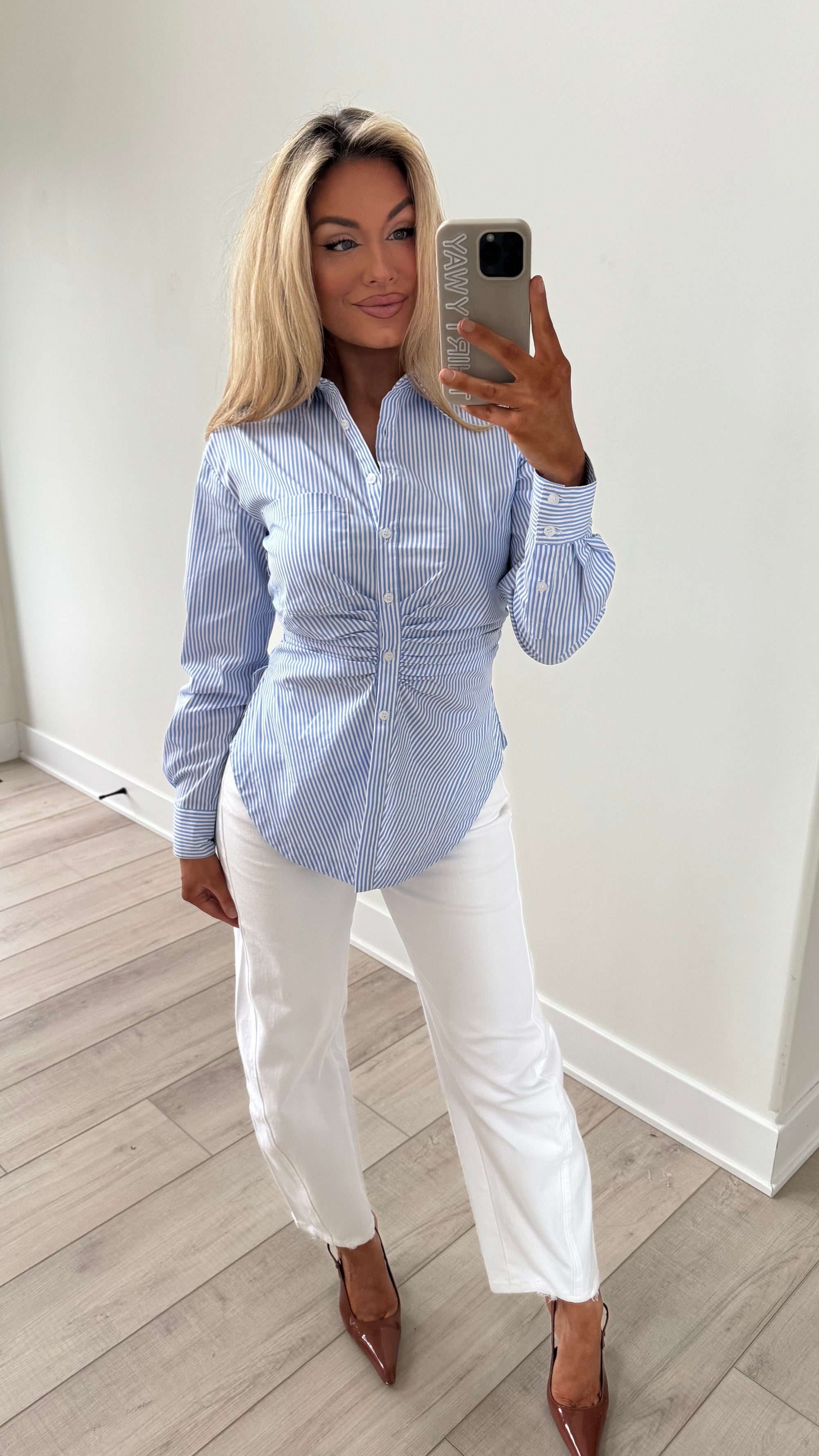 DOLCE RUCHED BUTTON DOWN TOP BLUE