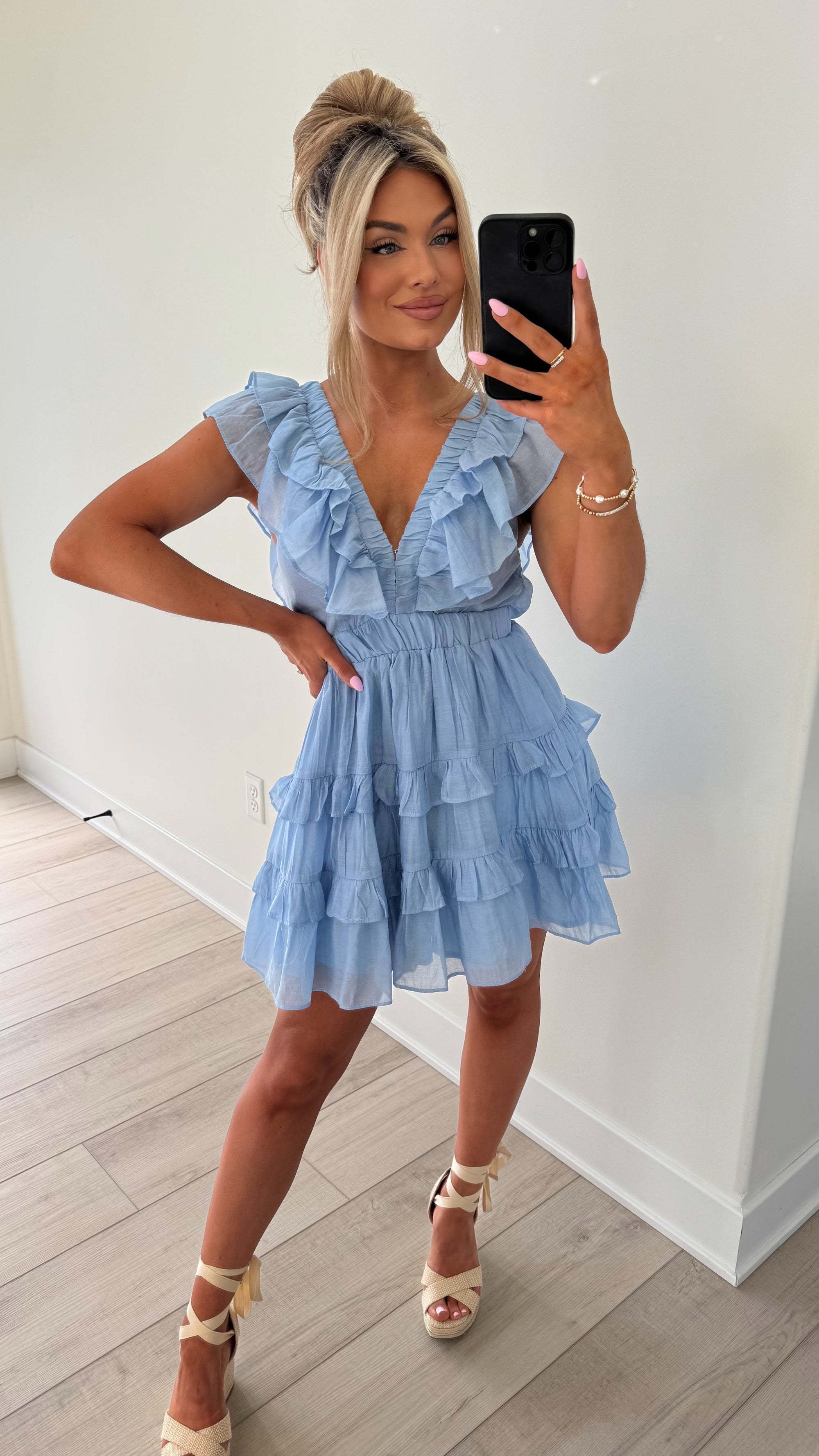 PRAIRIE RUFFLE MINI DRESS BLUE