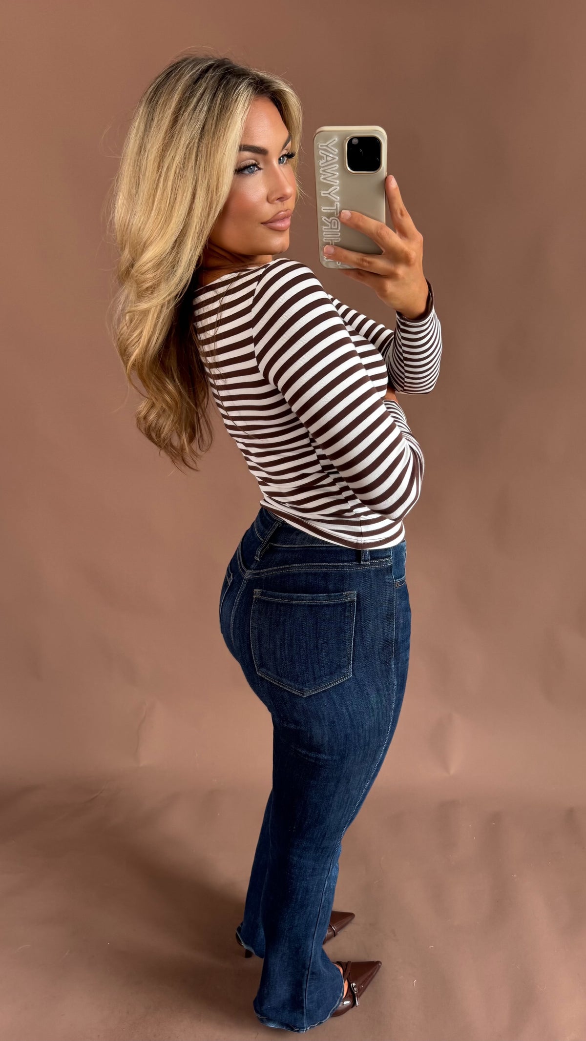 ZOE STRIPED BOAT NECK TOP CREAM/BROWN