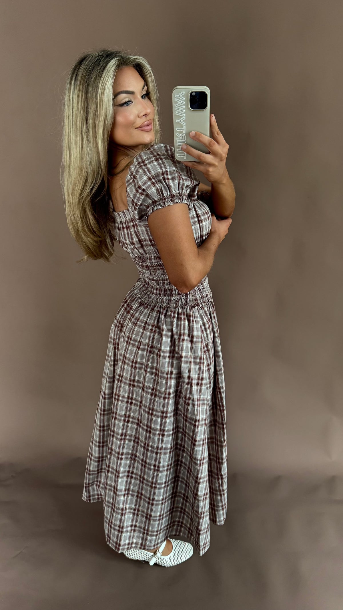 BERRY PLAID SMOCKED MAXI DRESS