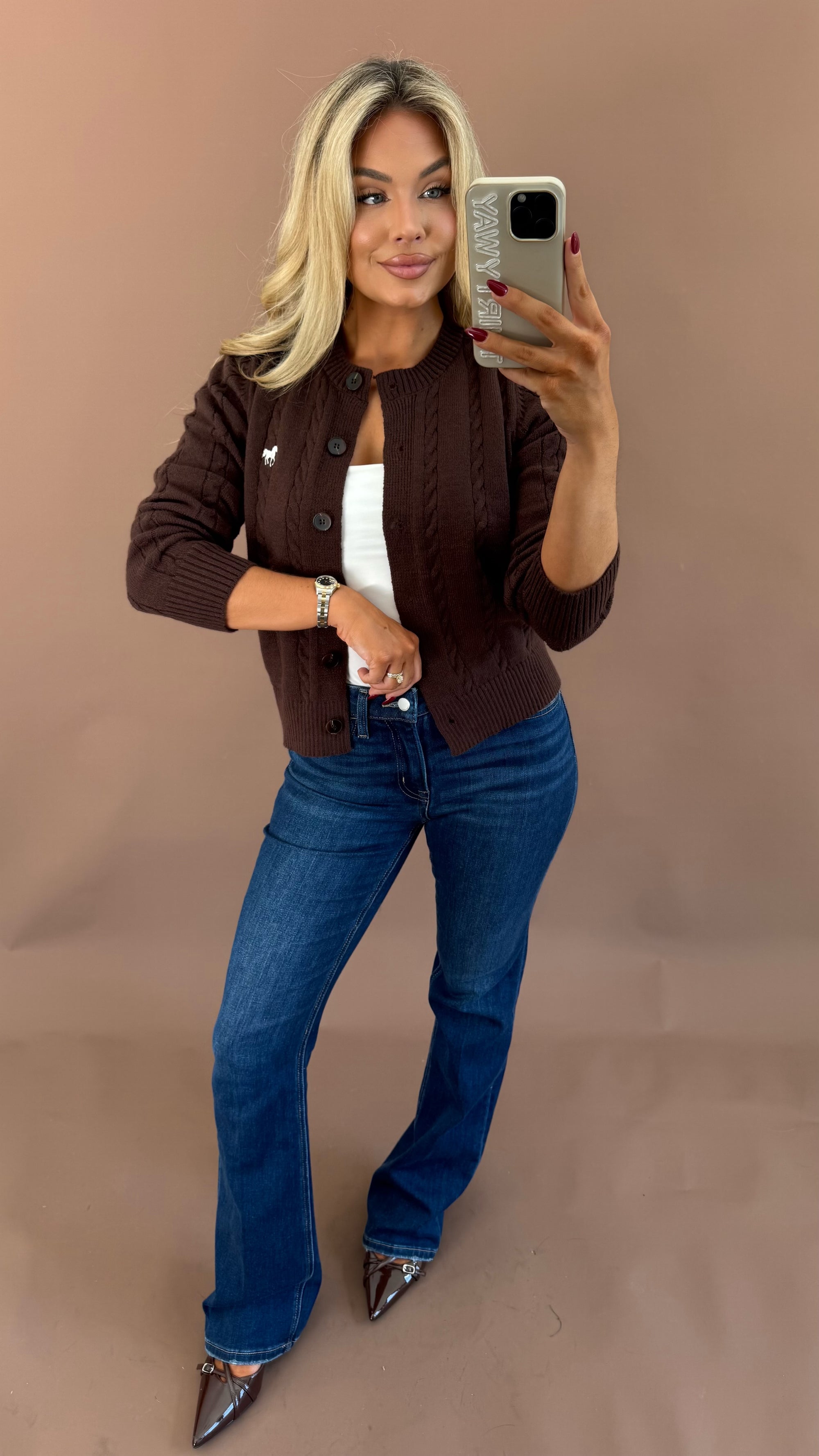 HARVARD HORSE EMBROIDERED CARDIGAN BROWN