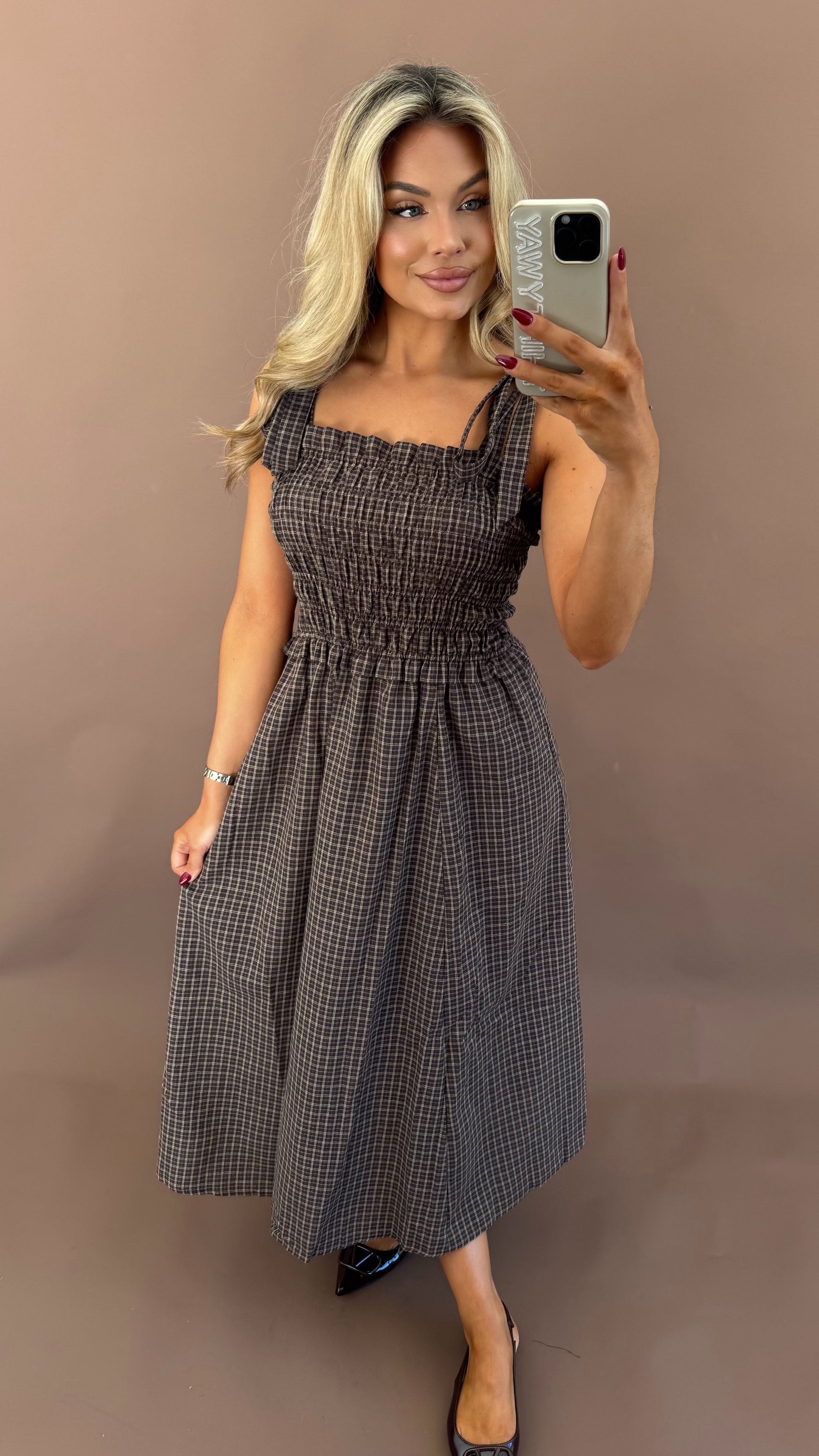 HICKORY PLAID MIDI DRESS BROWN