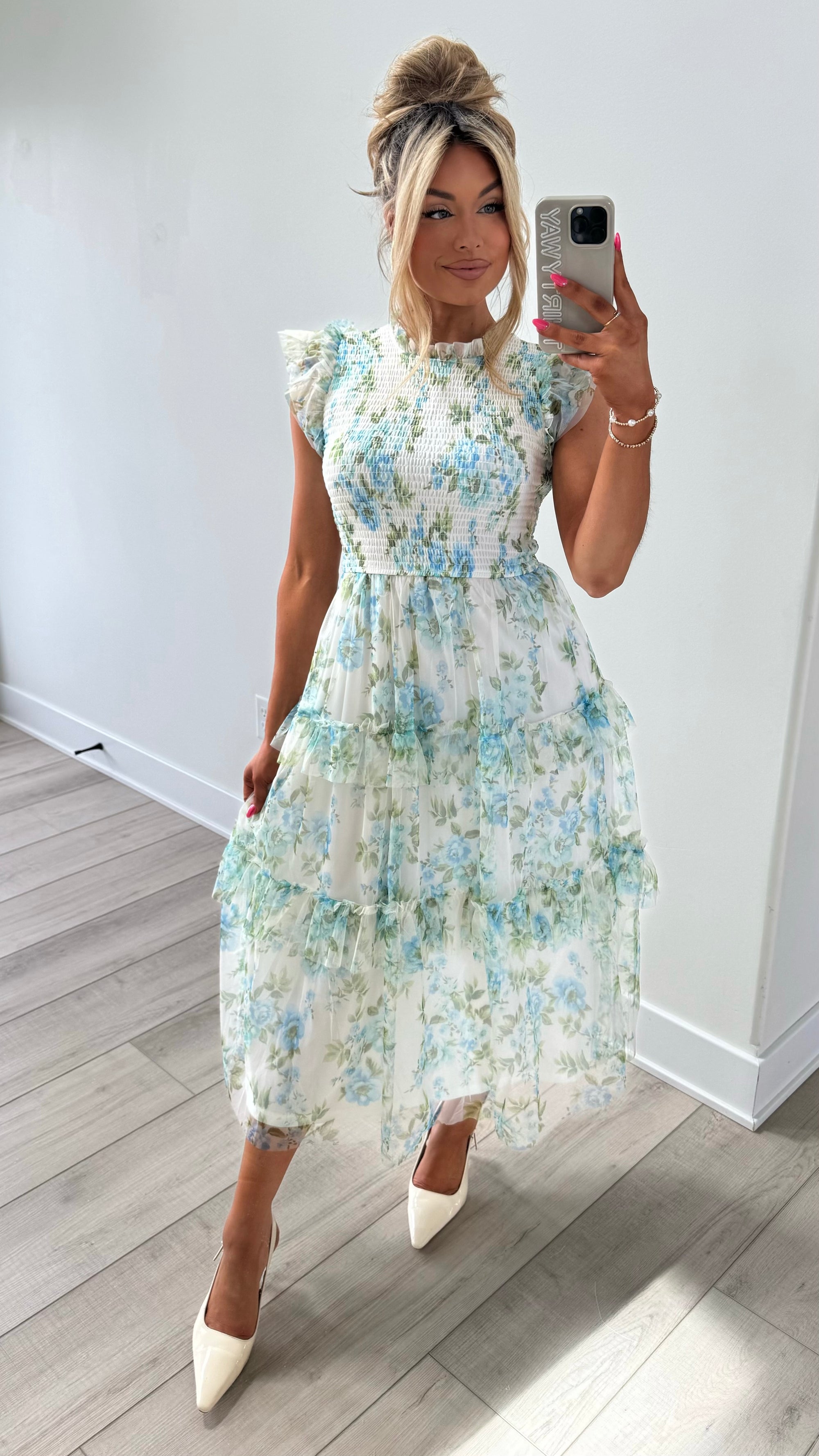 BRIDGERTON FLORAL TULLE MIDI DRESS BLUE FLORAL