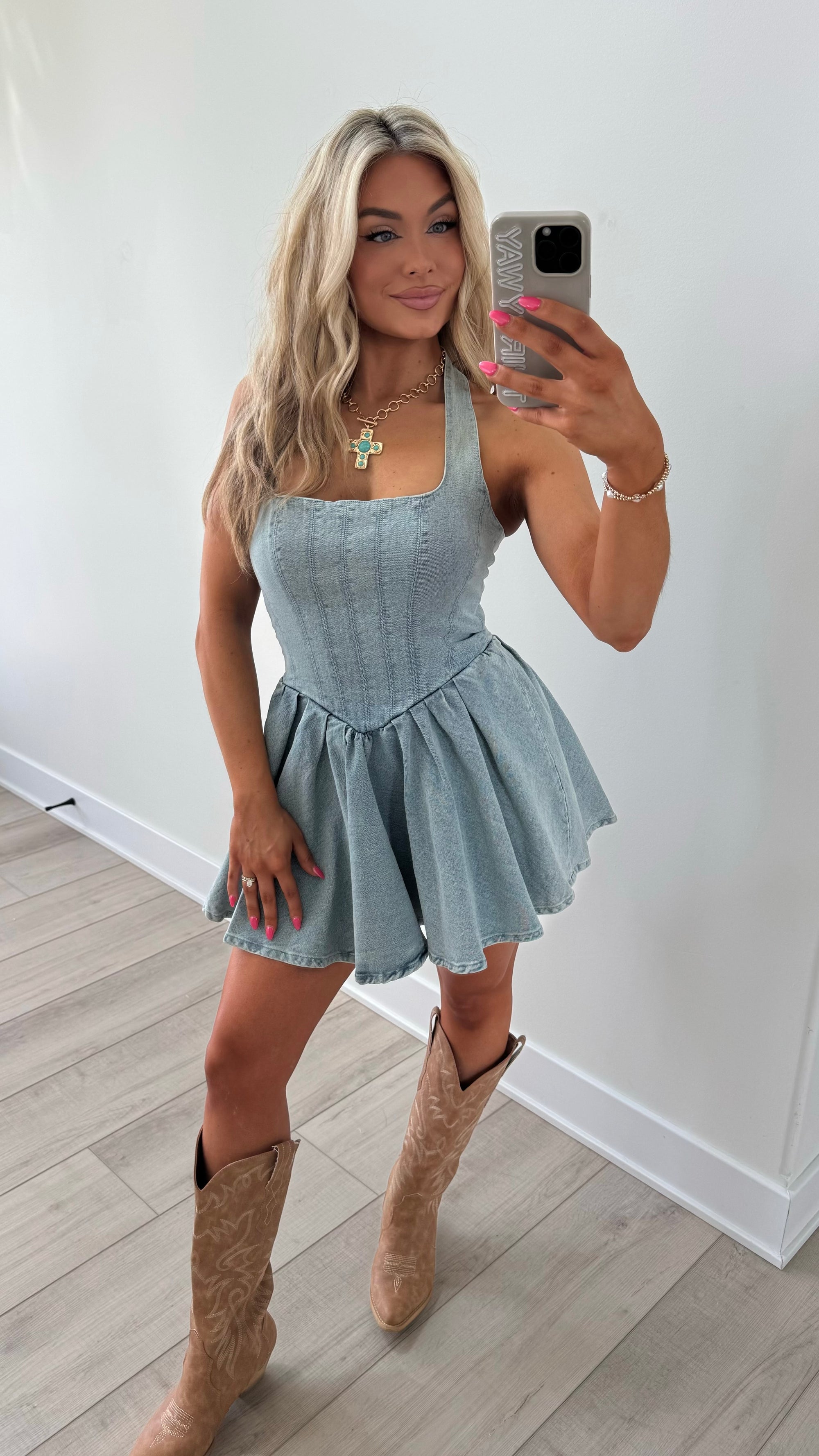 BLUE SPUR HALTER DENIM DRESS