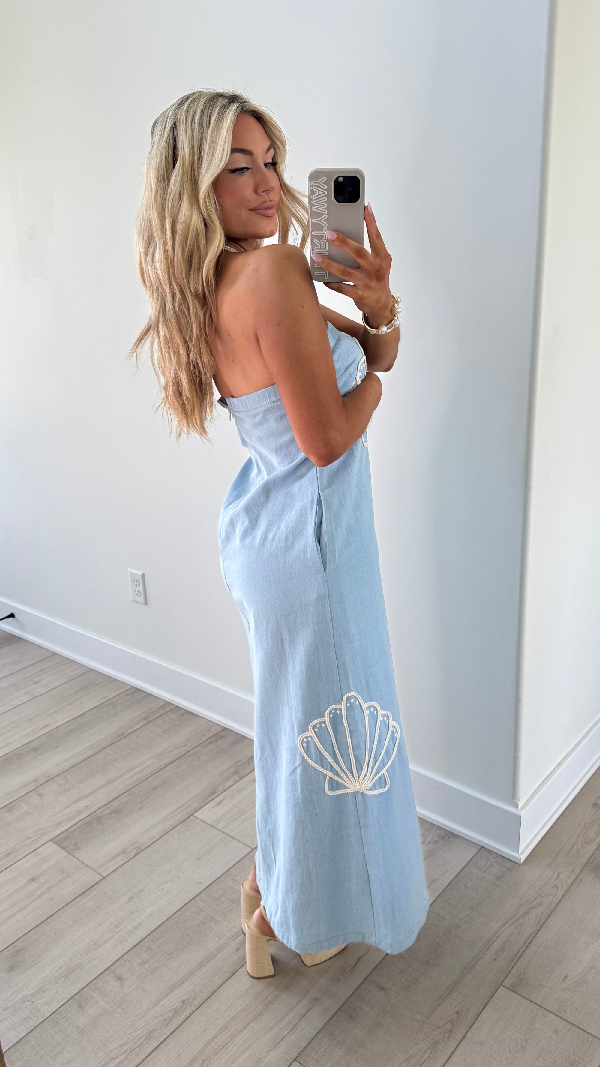WATERSOUND SHELL EMBROIDERED DENIM MAXI DRESS
