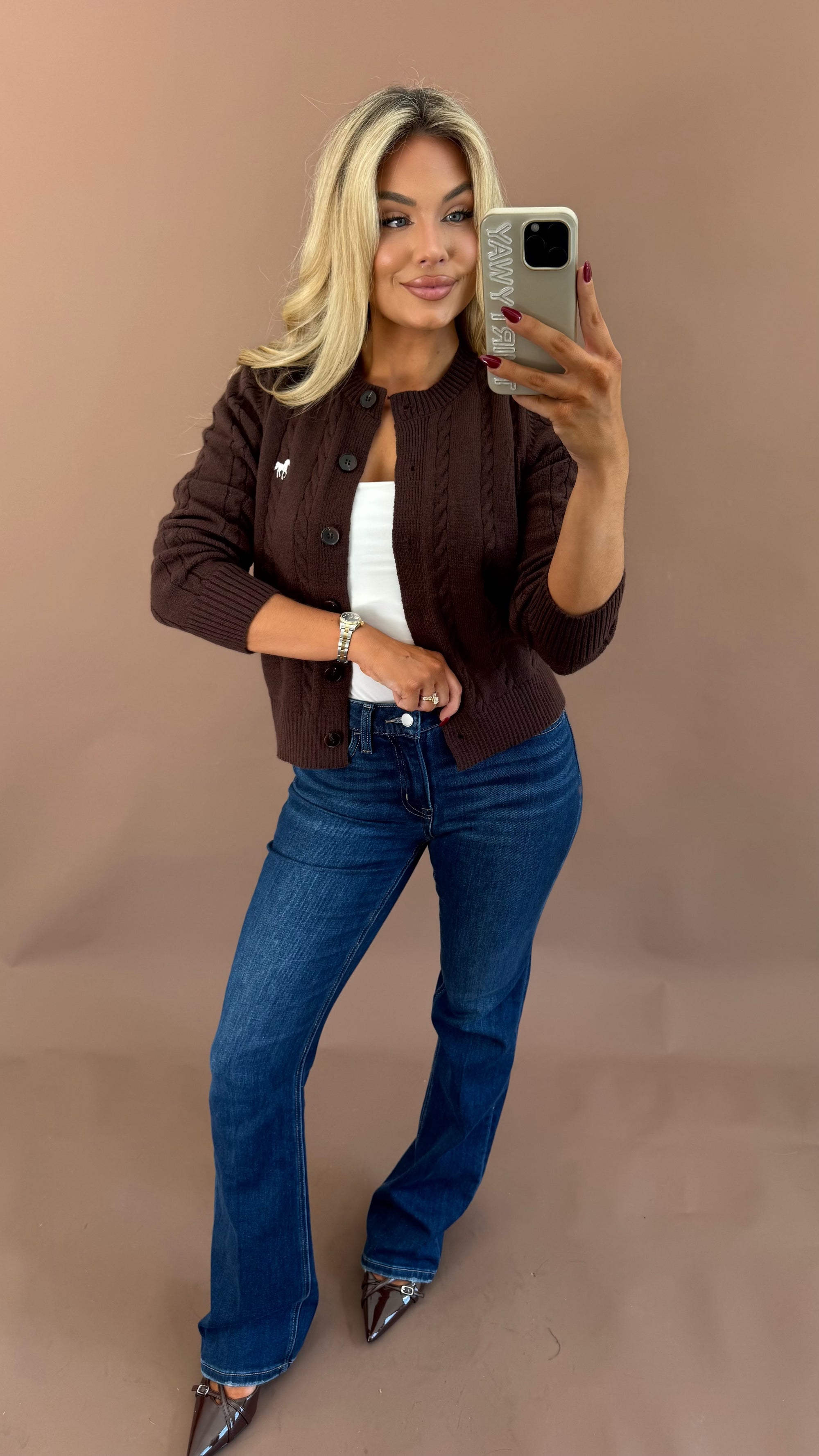 HARVARD HORSE EMBROIDERED CARDIGAN BROWN
