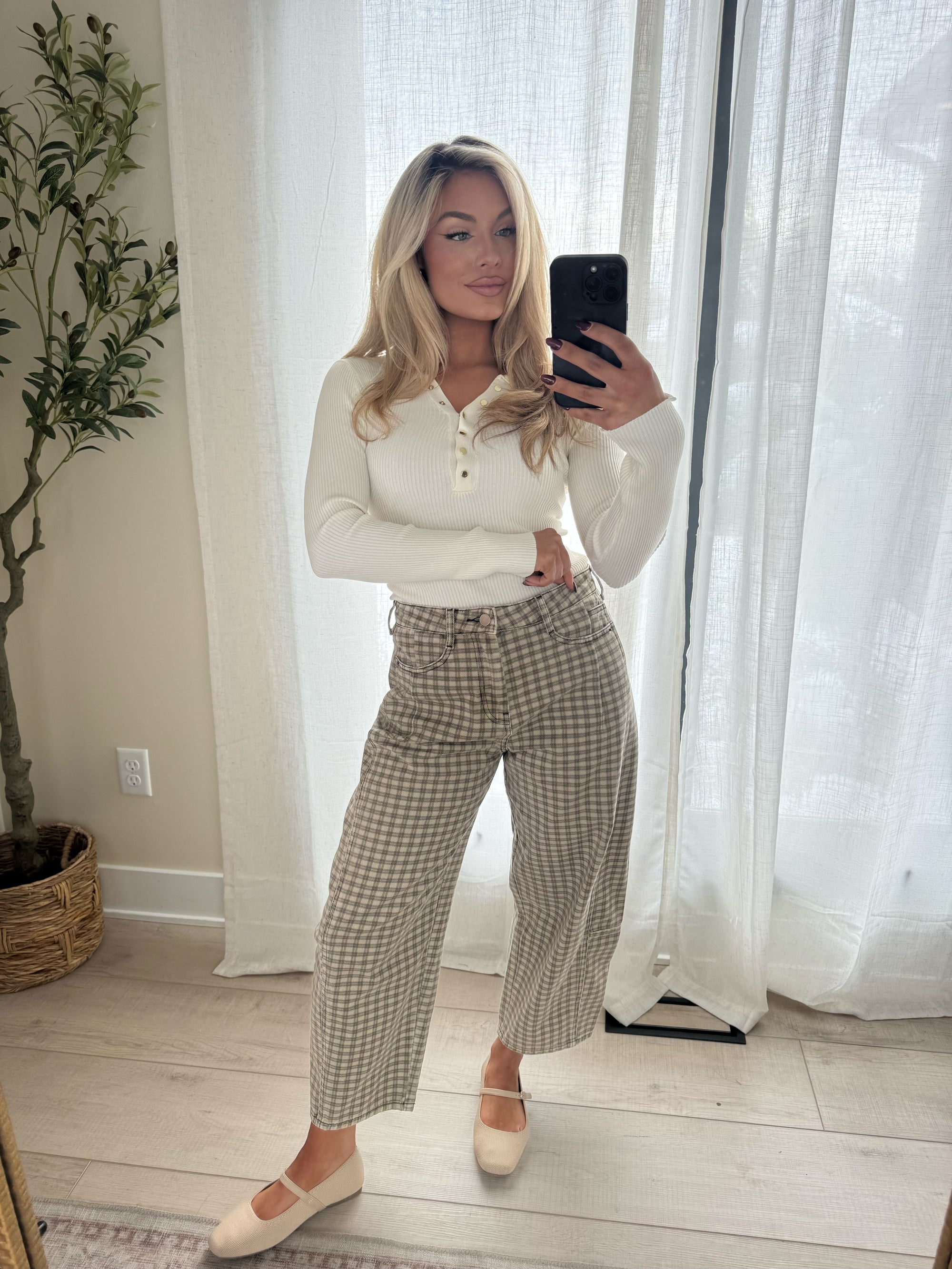 REMI GINGHAM HIGH-WAISTED BARREL JEANS