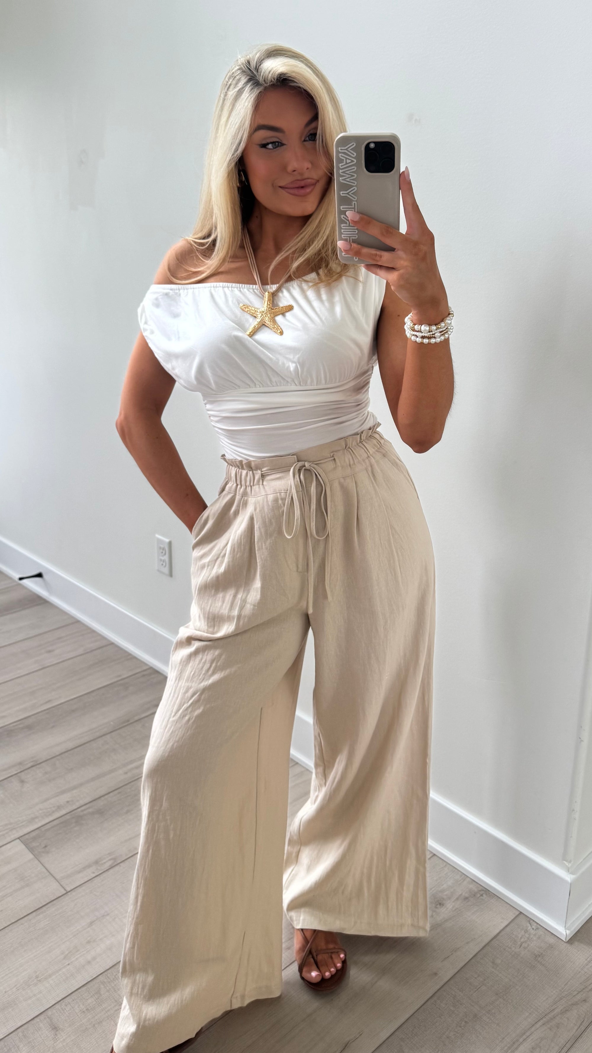 HIGH-WAISTED WIDE LEG WOVEN PANTS TAN