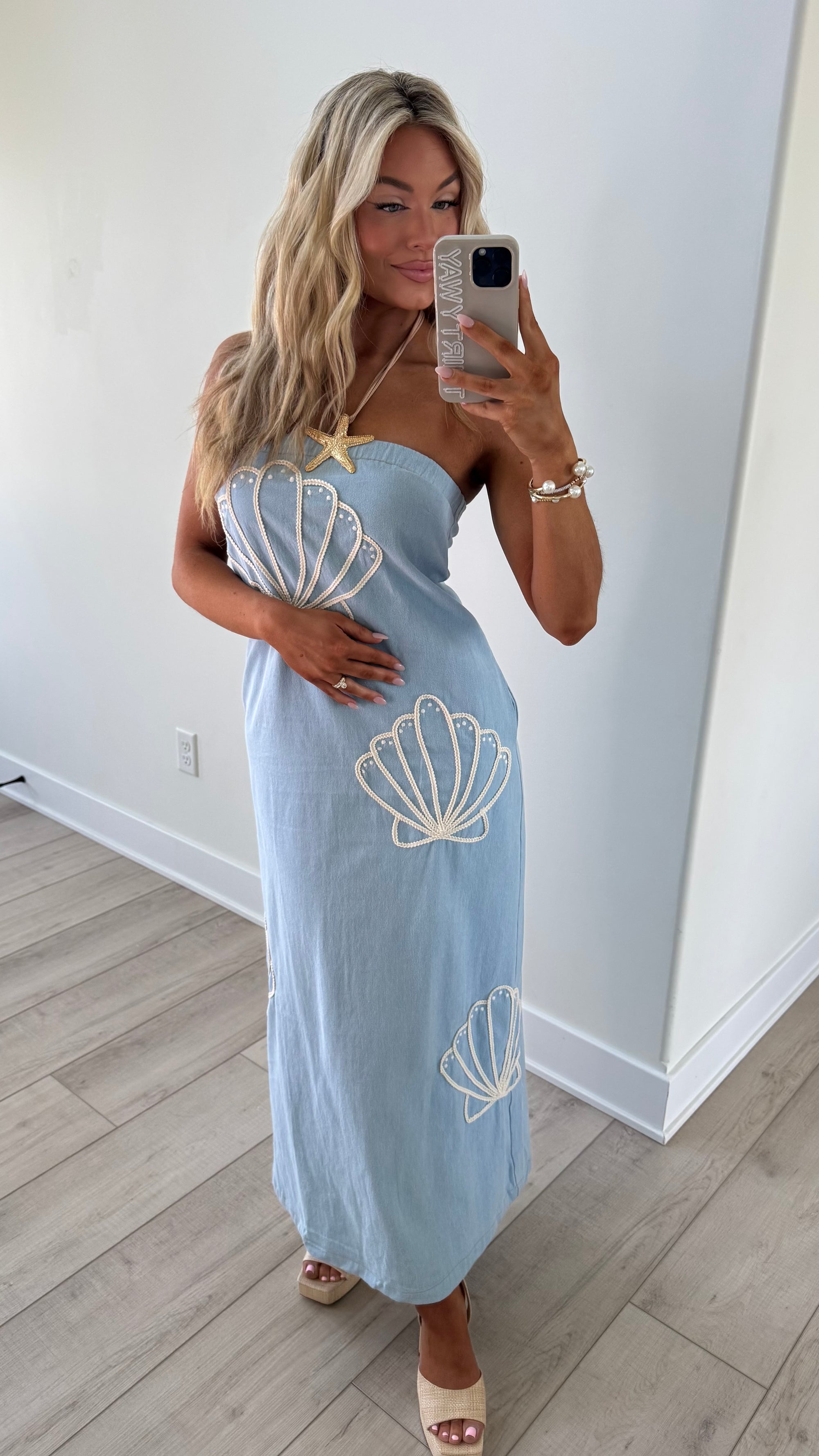 WATERSOUND SHELL EMBROIDERED DENIM MAXI DRESS