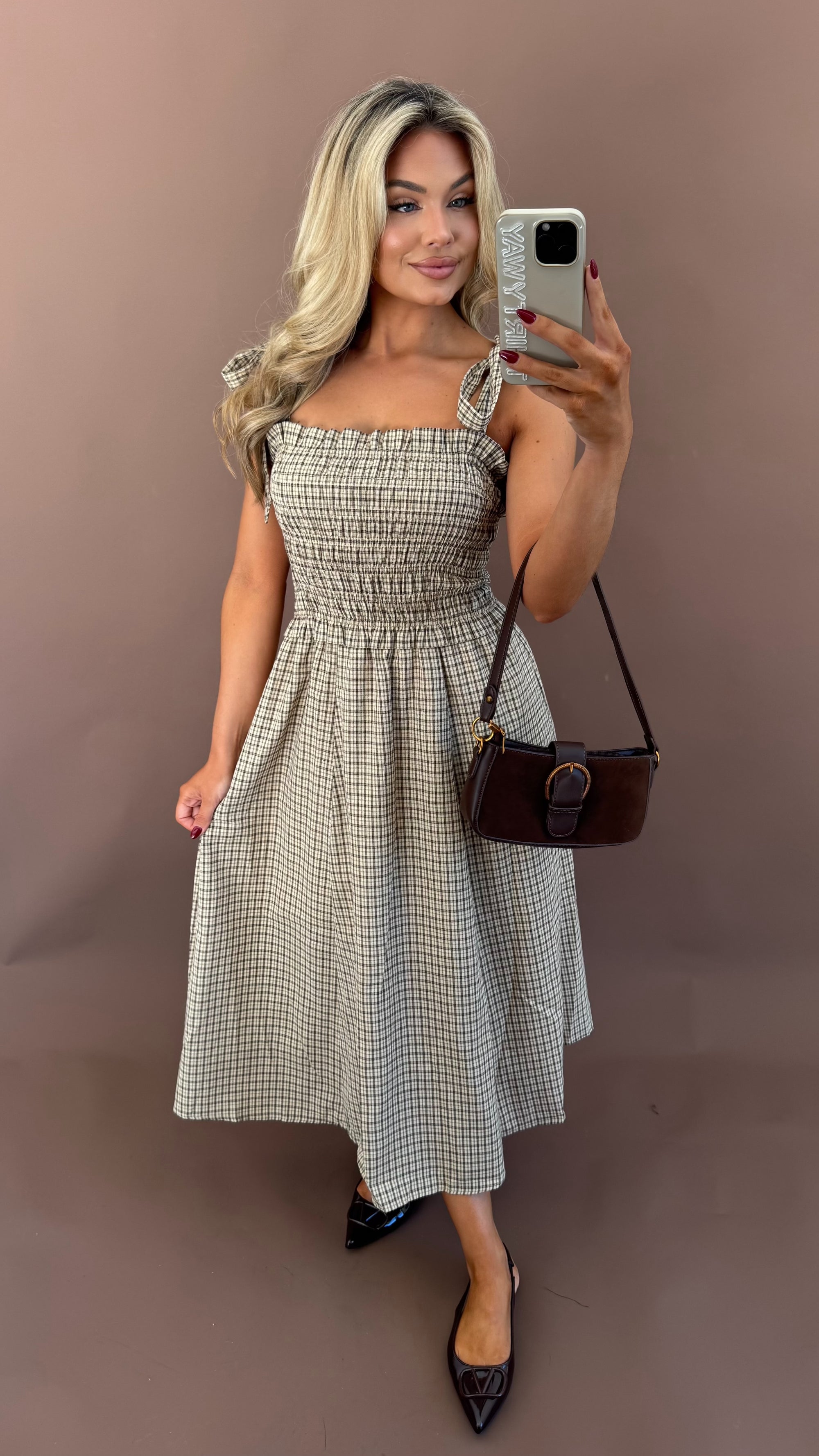 HICKORY PLAID MAXI DRESS BEIGE