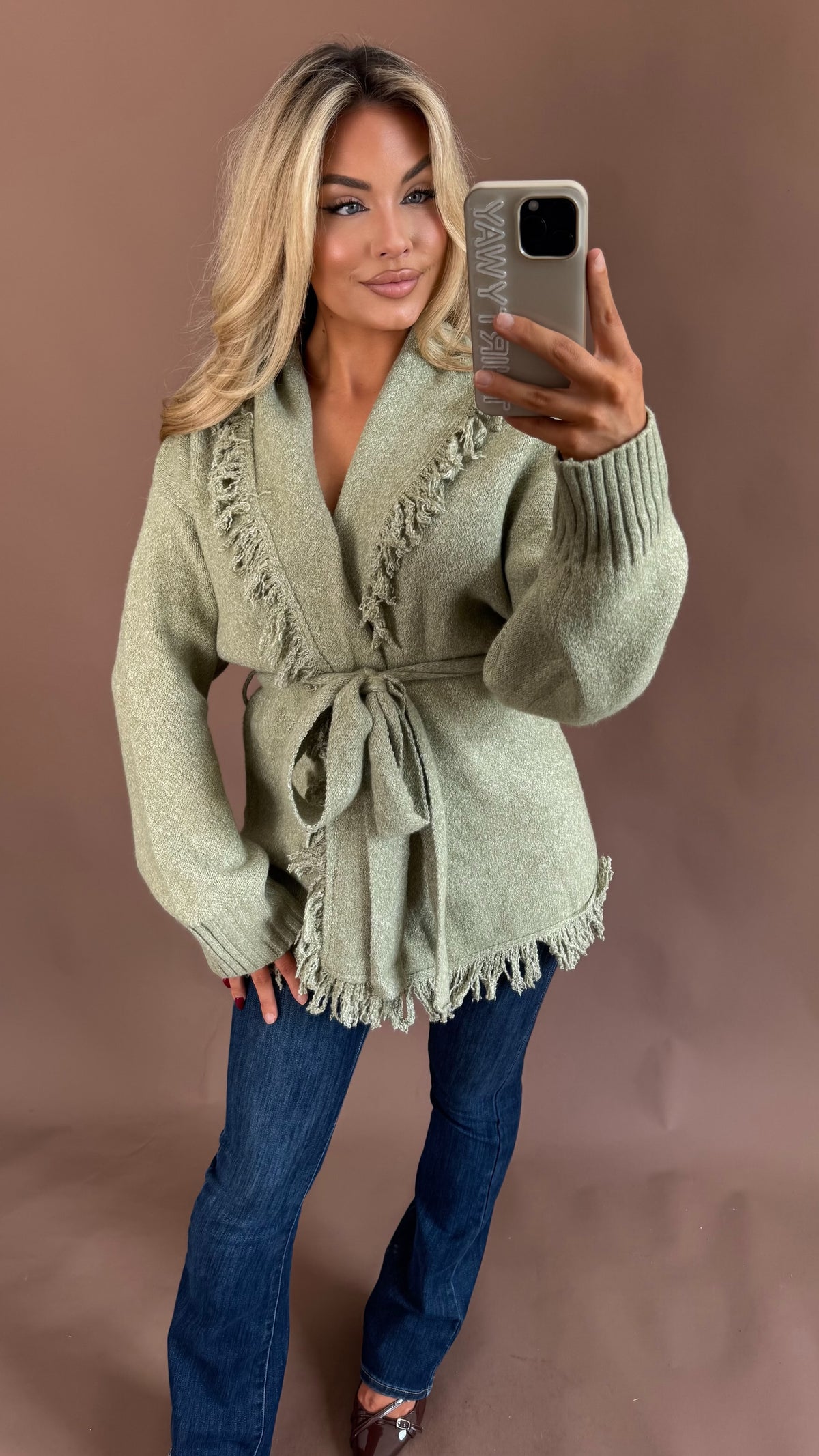BAREFOOT FRINGE CARDIGAN SAGE
