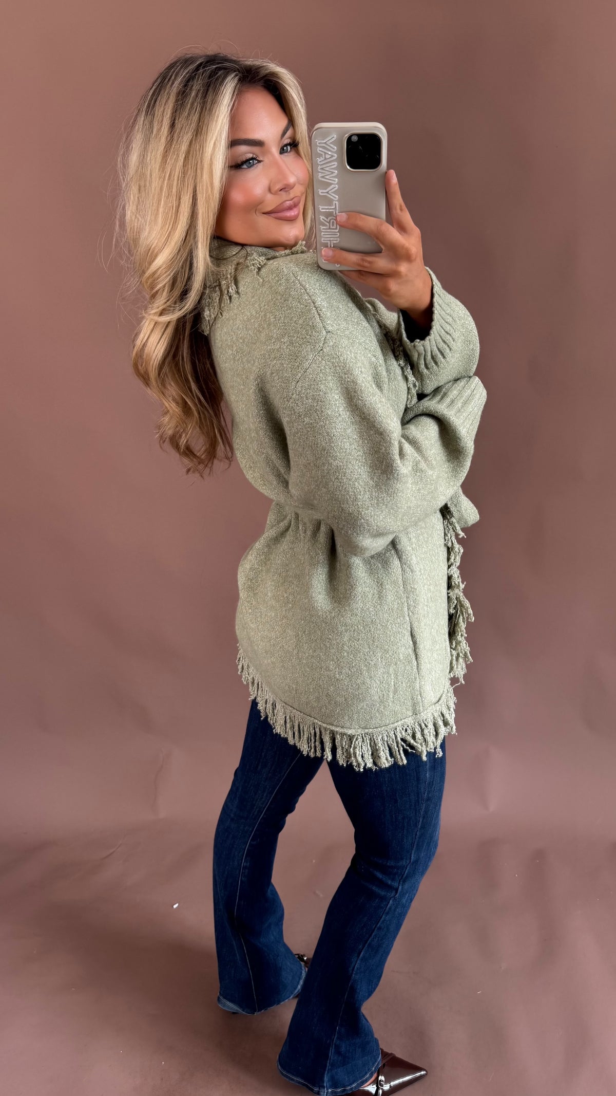 BAREFOOT FRINGE CARDIGAN SAGE