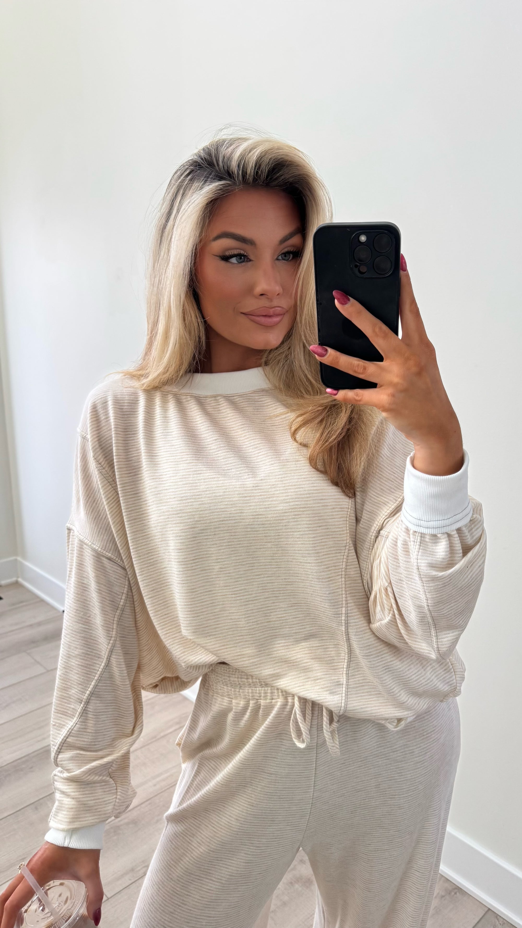 CLOUD REVERSIBLE TWIST FRONT STRIPED CREWNECK TOP