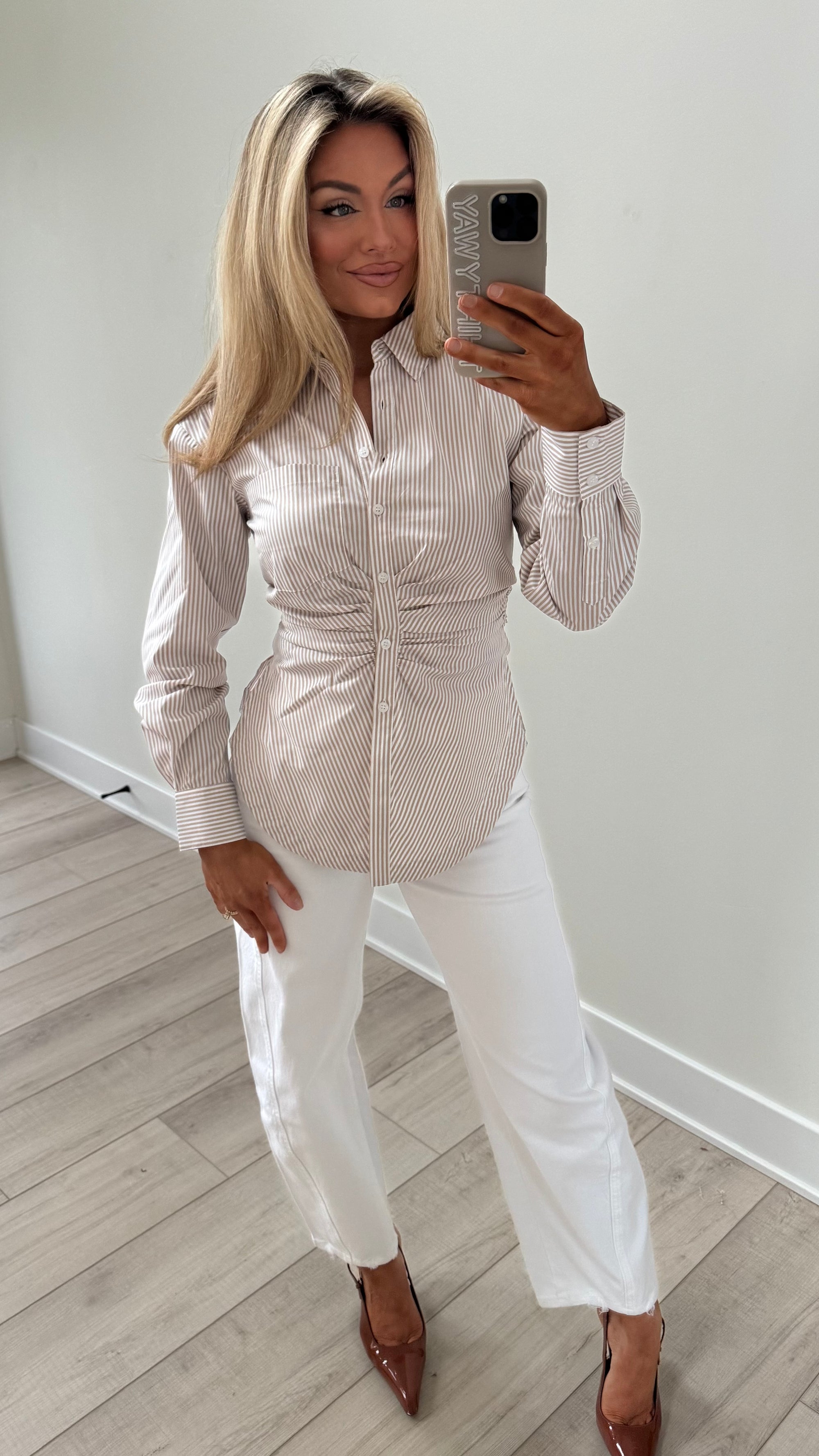 DOLCE RUCHED BUTTON DOWN TOP TAUPE
