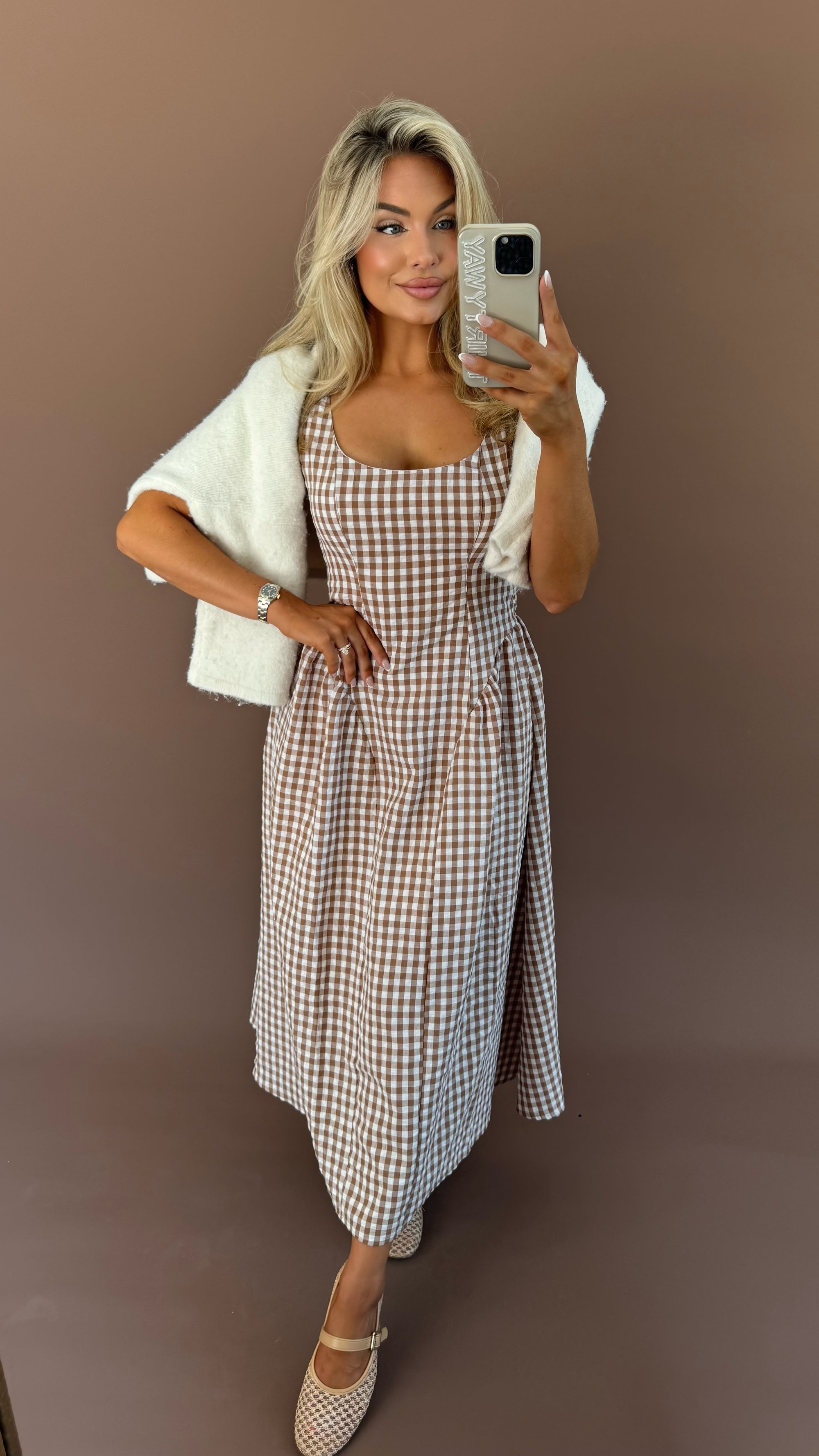 BASSET GINGHAM DROP WAIST MIDI DRESS