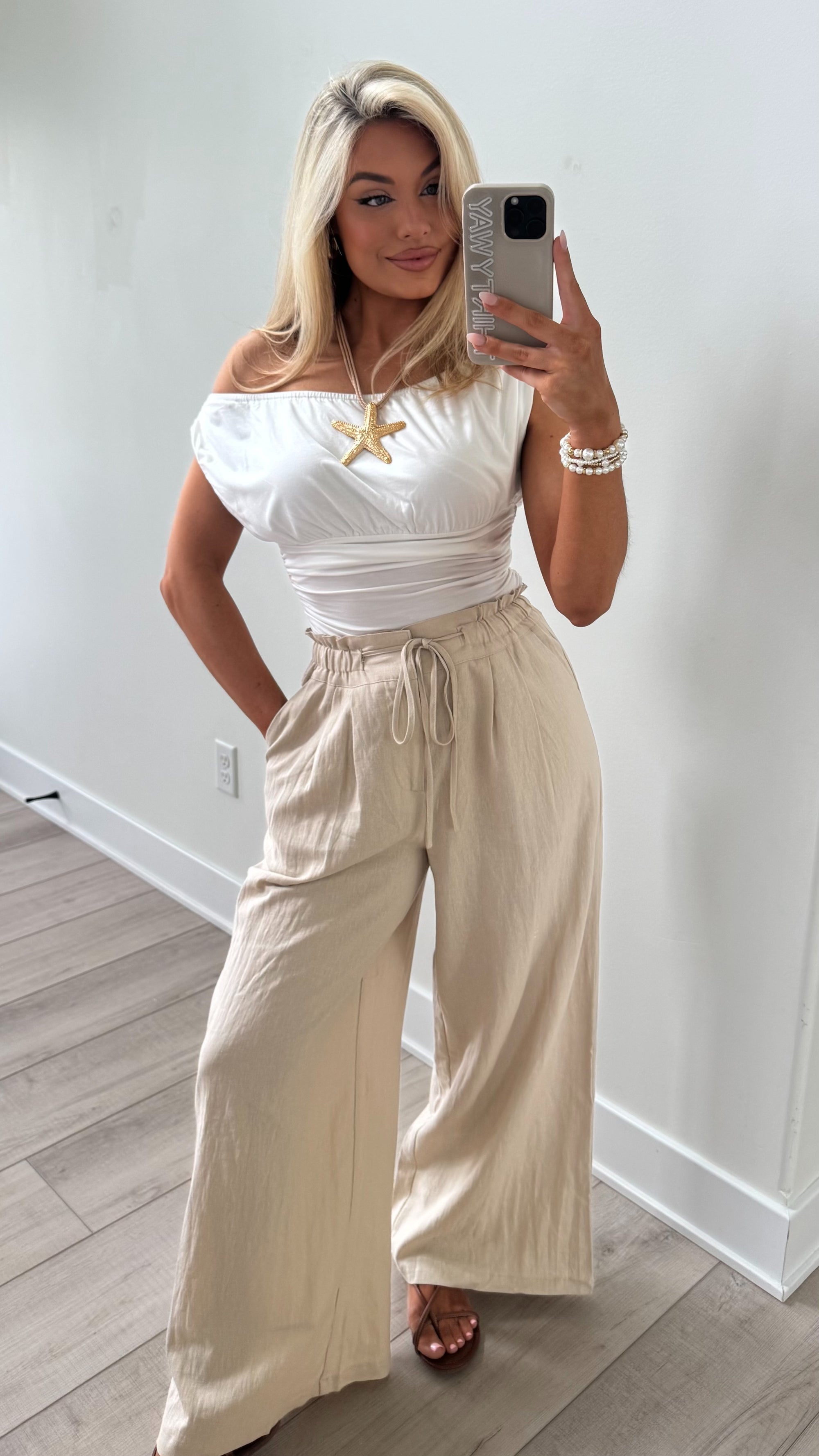 HIGH-WAISTED WIDE LEG WOVEN PANTS TAN