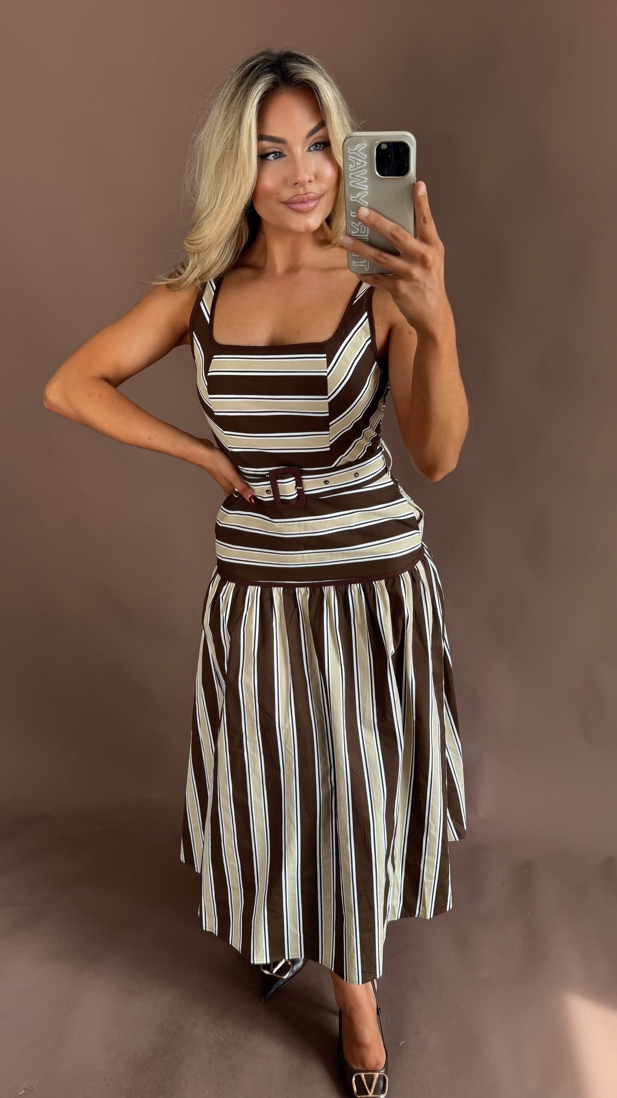 HERITAGE STRIPED BELTED MAXI DRESS