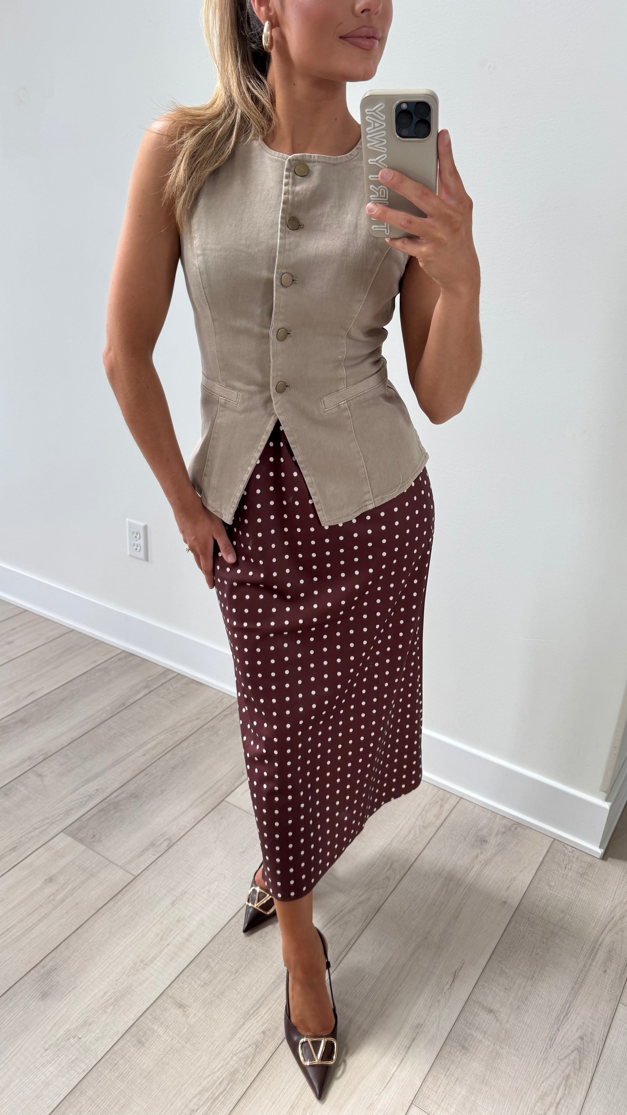 BROWN POLKA DOT MIDI SKIRT