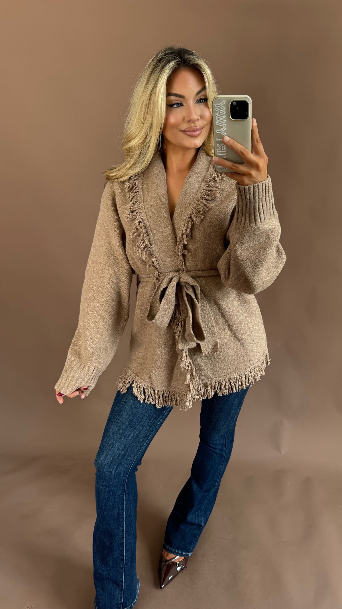 BAREFOOT FRINGE CARDIGAN MOCHA