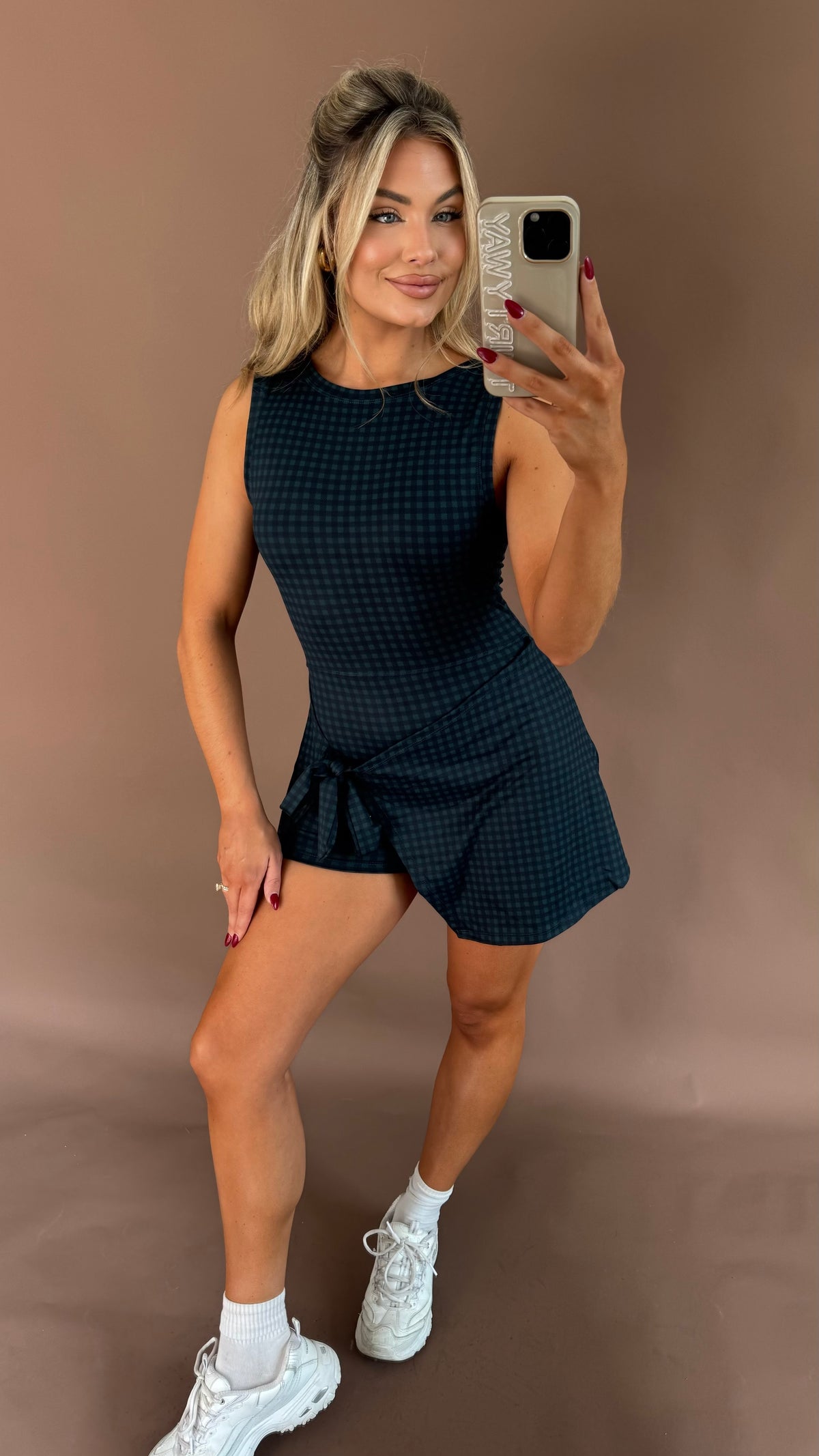 LENNON WRAP TIE ROMPER DRESS NAVY GINGHAM